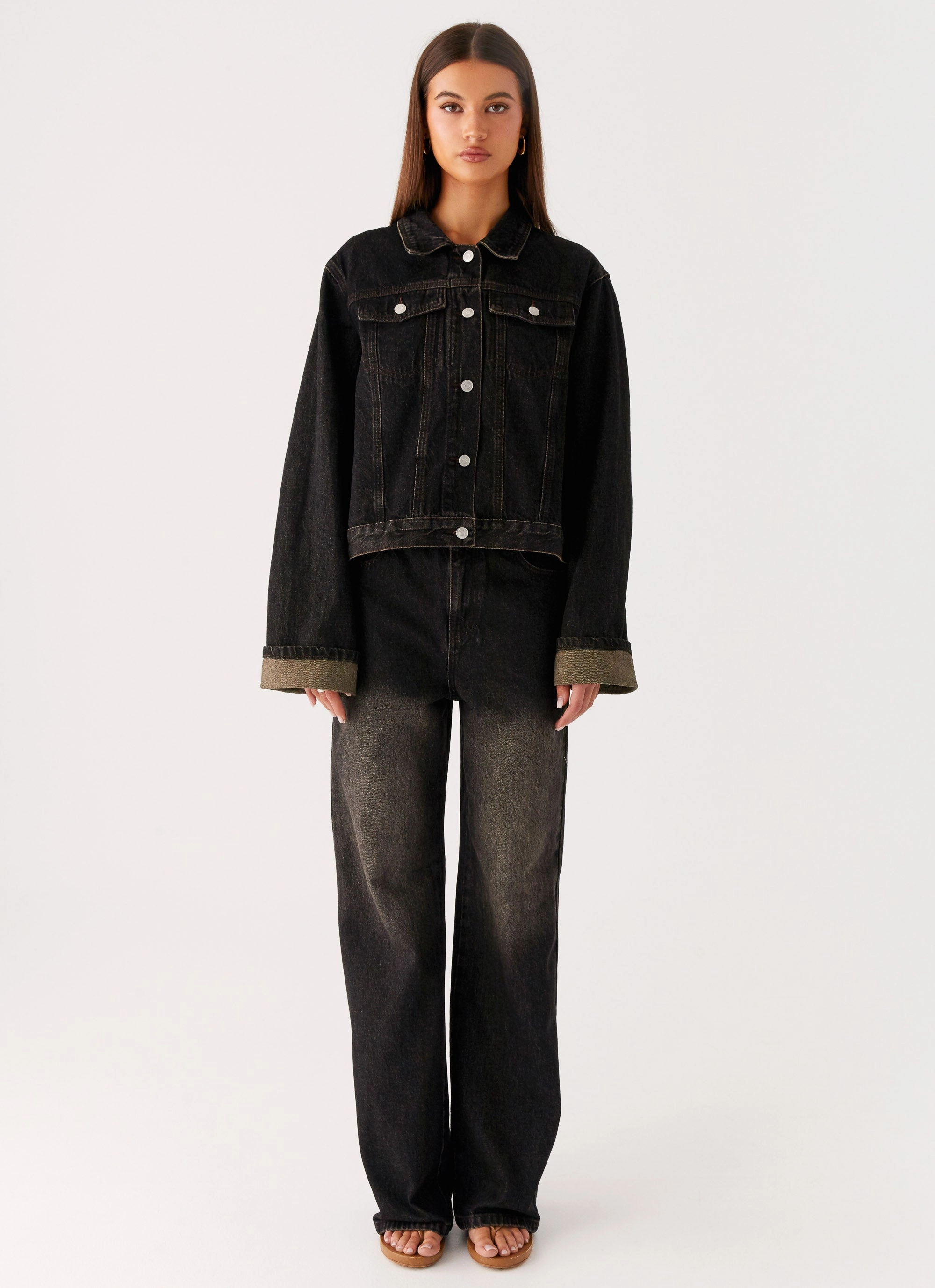 Back Again Oversized Denim Jacket - Acid Charcoal Full Length Zipper Closure ReflectiveDetails