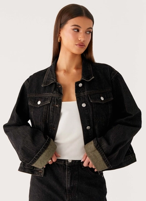 Expandable Side Gussets RubberizedButtonClosures Back Again Oversized Denim Jacket - Acid Charcoal