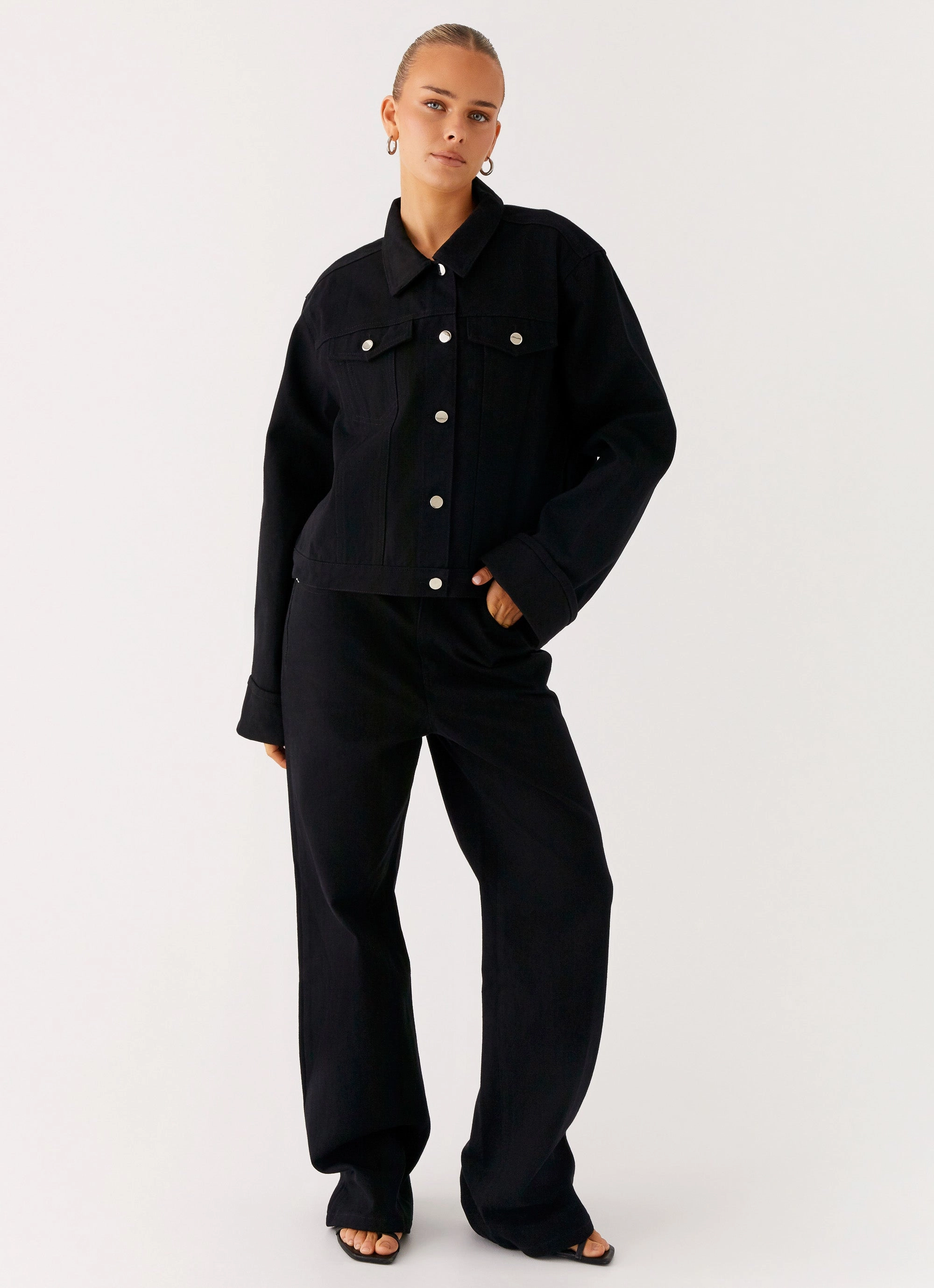 Back Again Oversized Denim Jacket - Black Stay Dry Interior