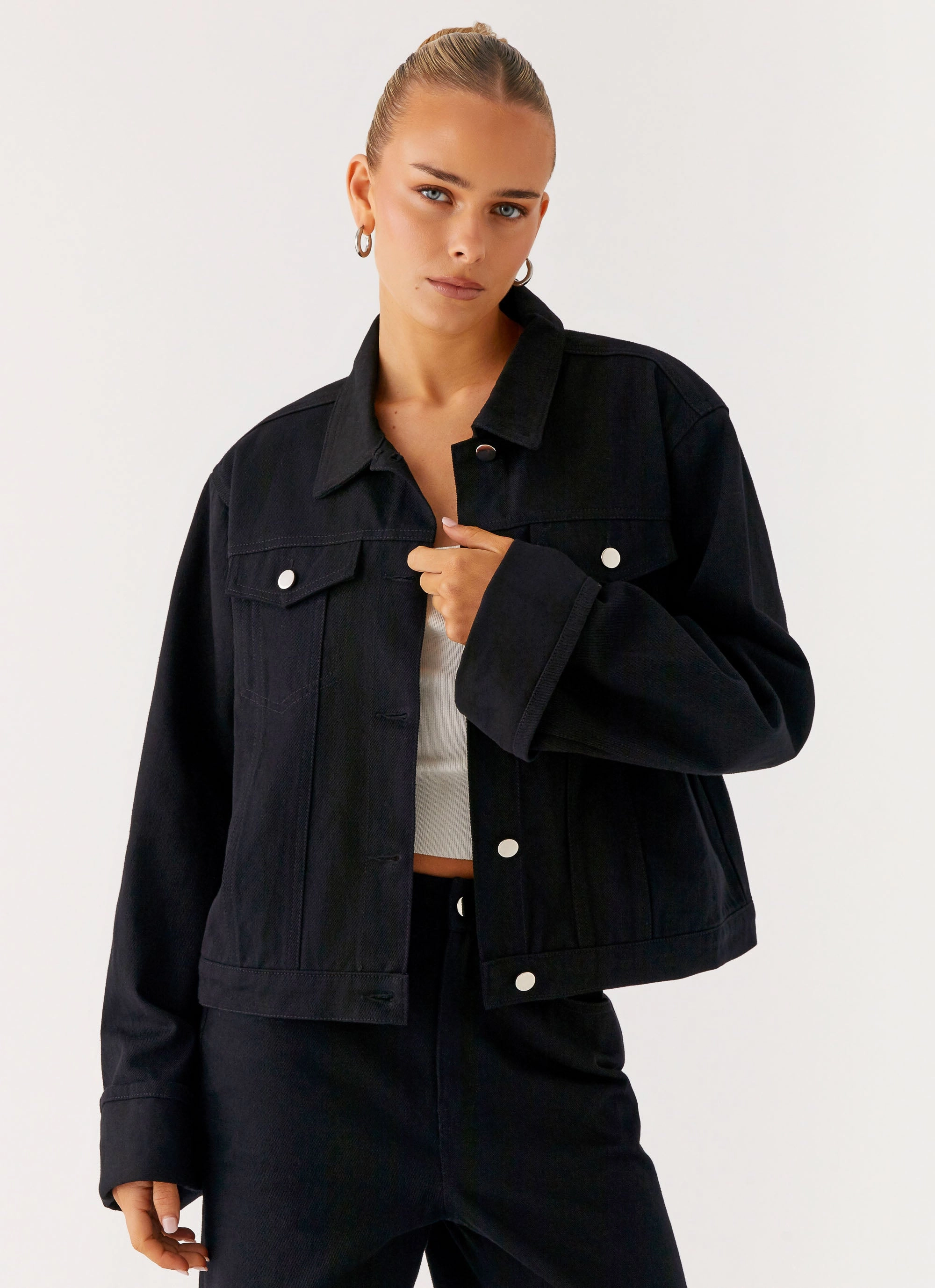 Abrasion Resistant Trim Two Tone Design Back Again Oversized Denim Jacket - Black