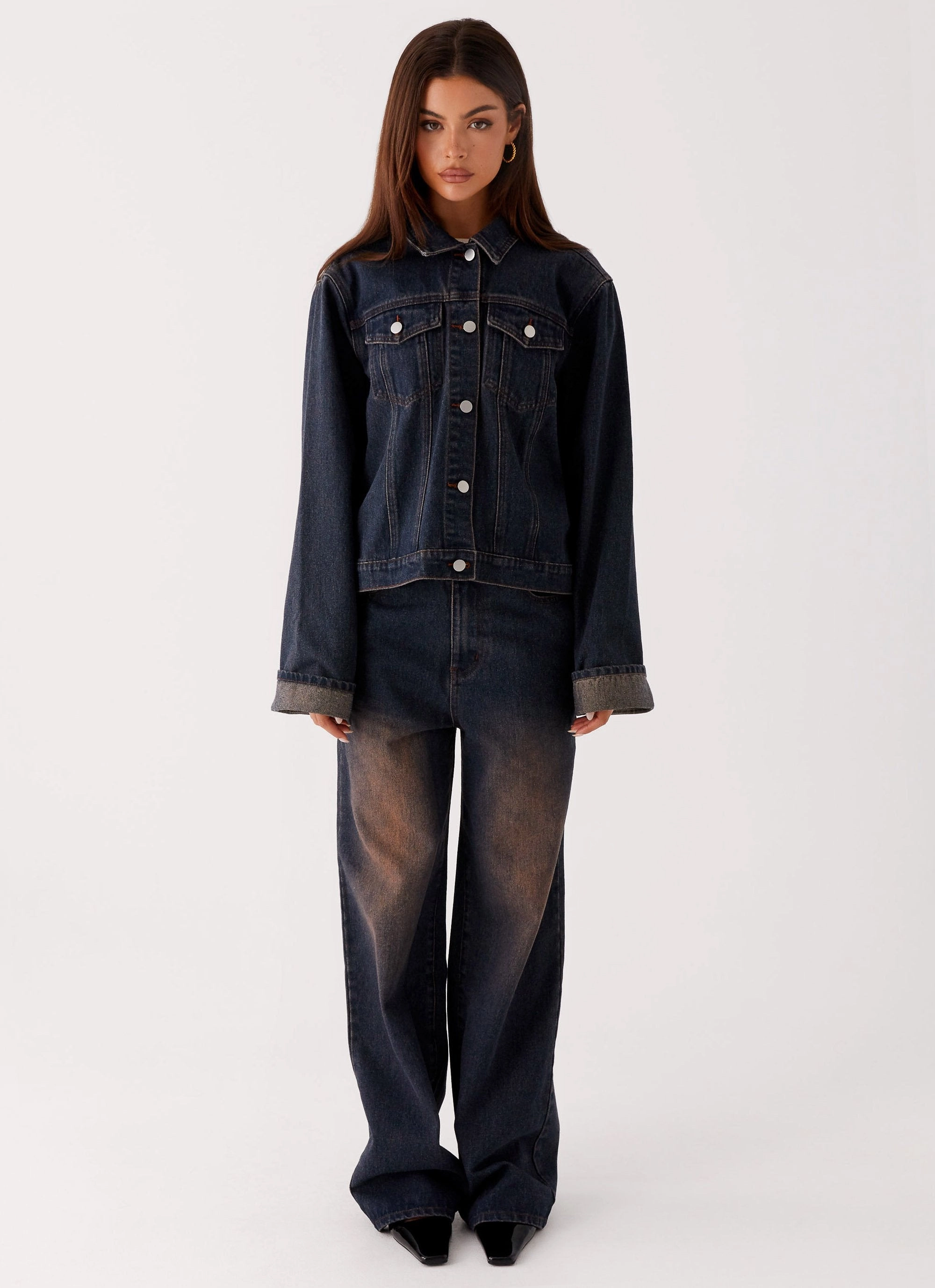 Heat Keep Back Again Oversized Denim Jacket - Brown Blue Acid Wash