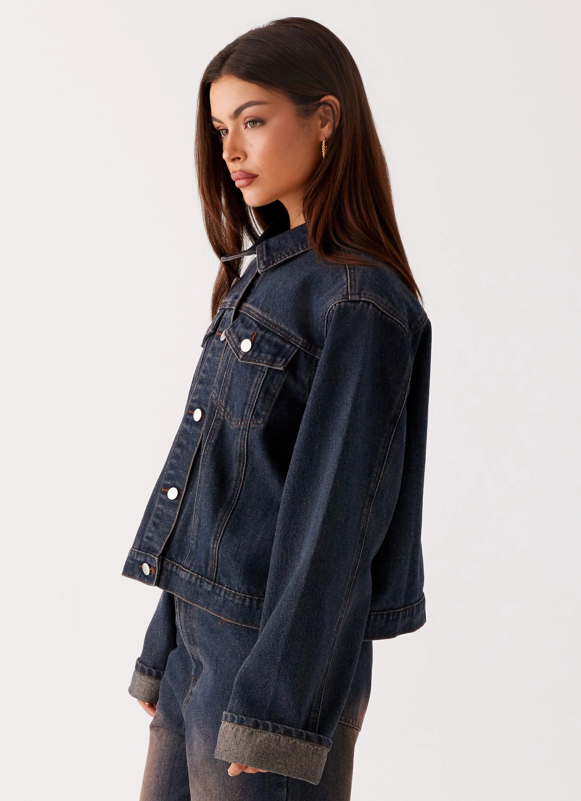 Glow In Dark Trims Simple Chill Piece Back Again Oversized Denim Jacket - Brown Blue Acid Wash