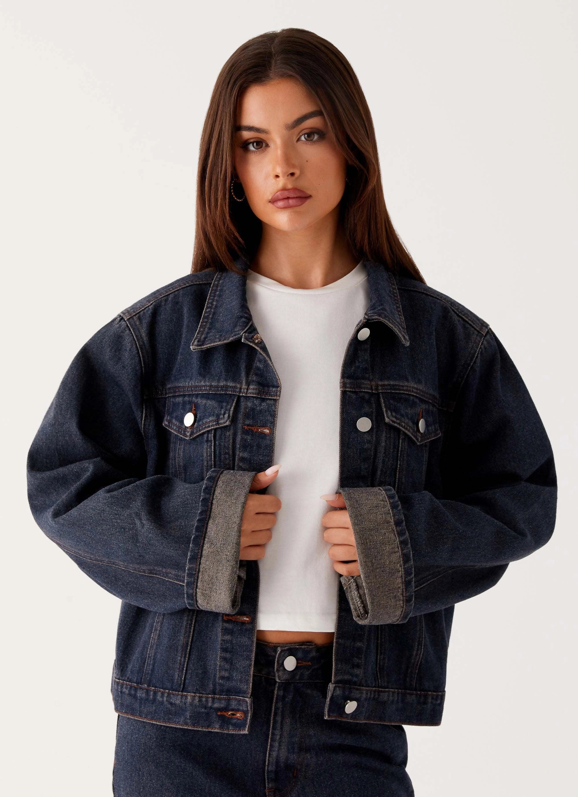 Back Again Oversized Denim Jacket - Brown Blue Acid Wash Two Tone Design
