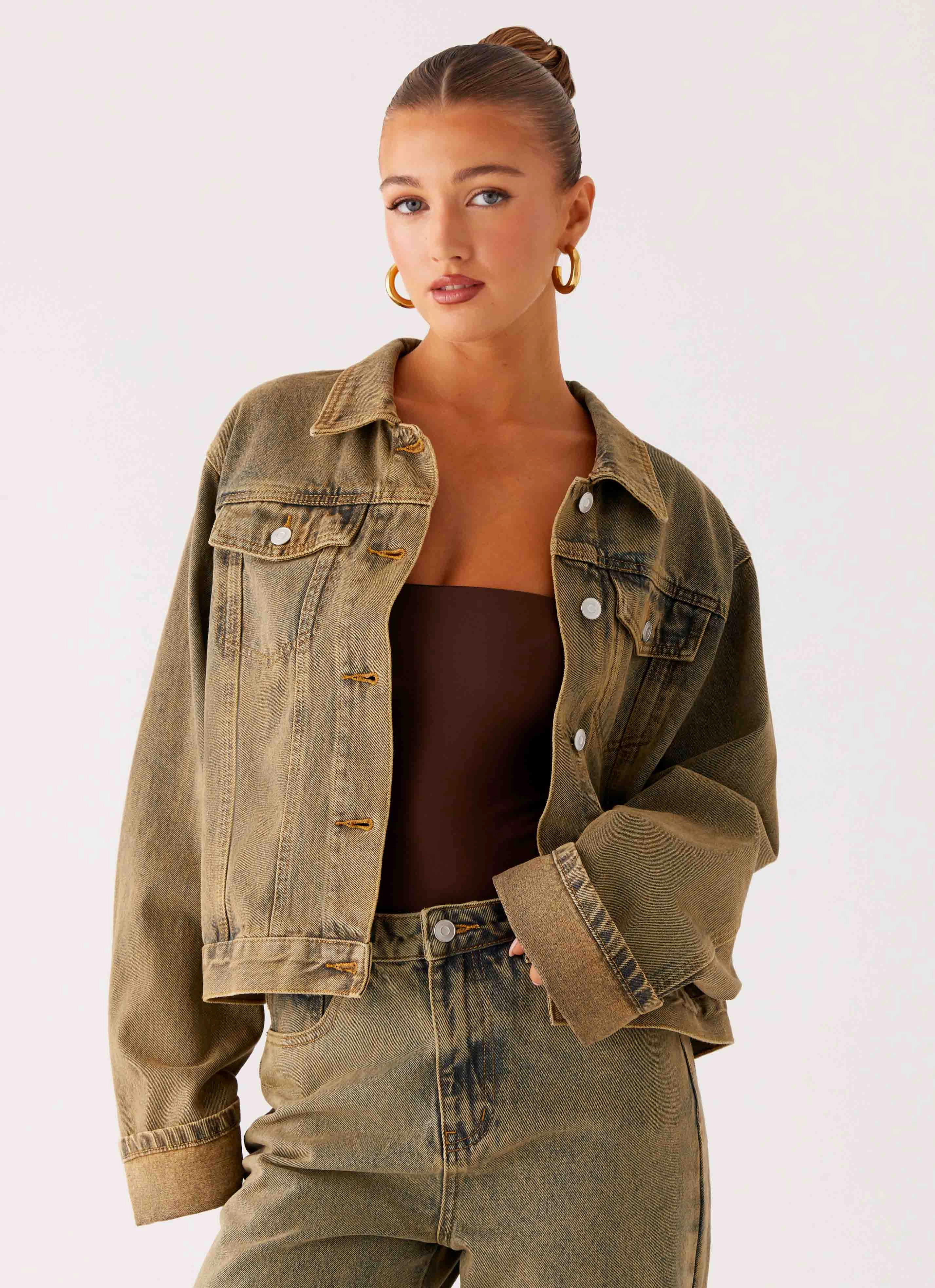 Double Stitch Seams Back Again Oversized Denim Jacket - Brown Sand Wash
