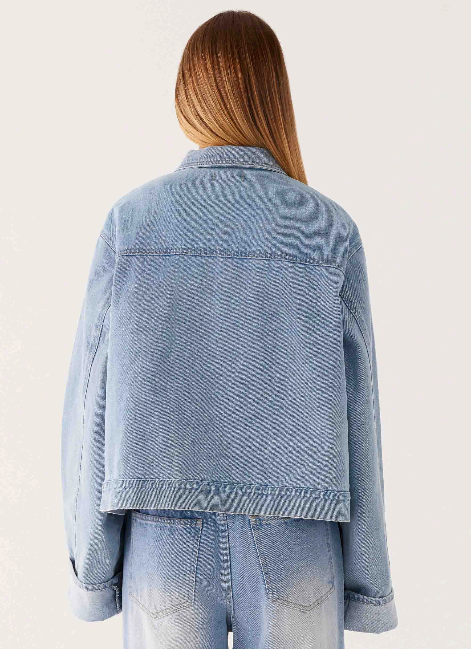 Anti Slip Cuffs HiddenPockets Back Again Oversized Denim Jacket - Light Wash Blue