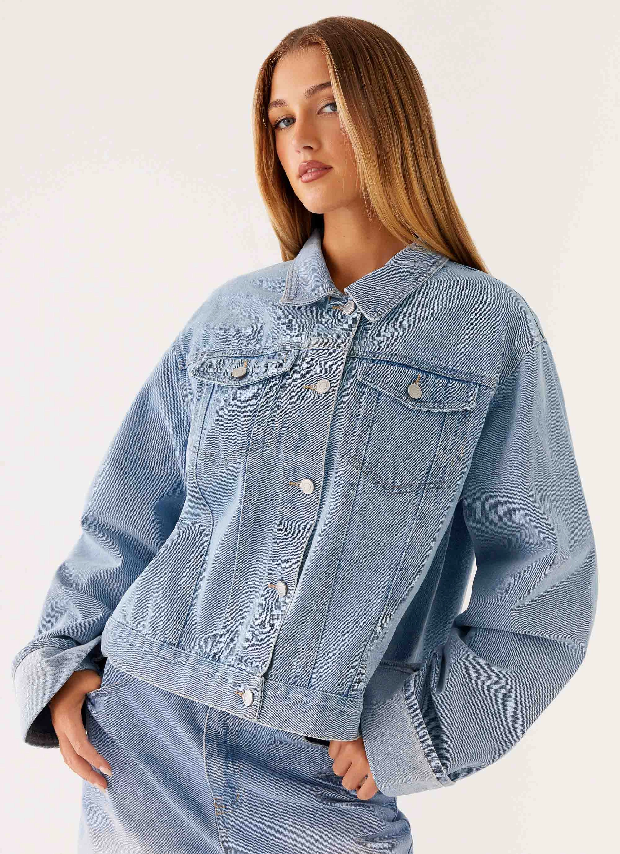 Back Again Oversized Denim Jacket - Light Wash Blue Ripstop Technology