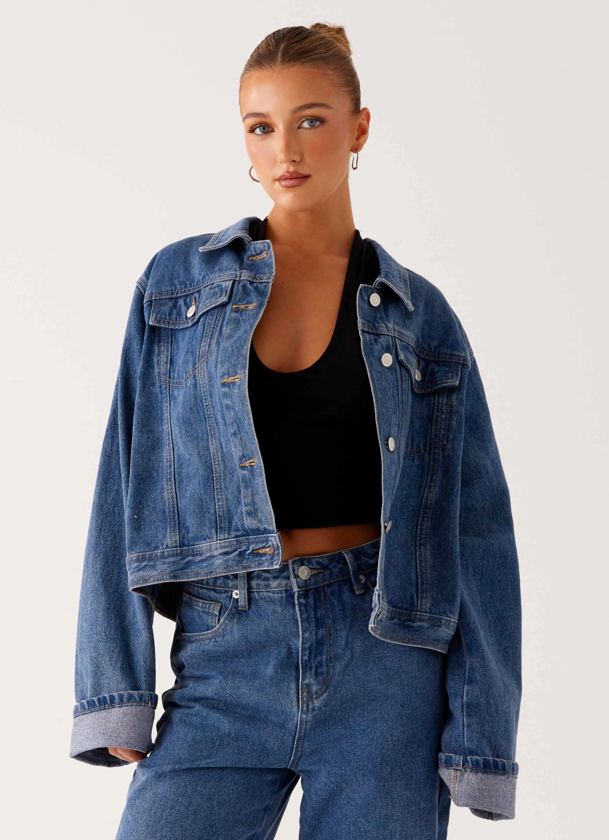 Back Again Oversized Denim Jacket - True Blue Compression Fold Design Reinforced Shoulder Padding