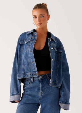 Back Again Oversized Denim Jacket - True Blue Compression Fold Design Reinforced Shoulder Padding