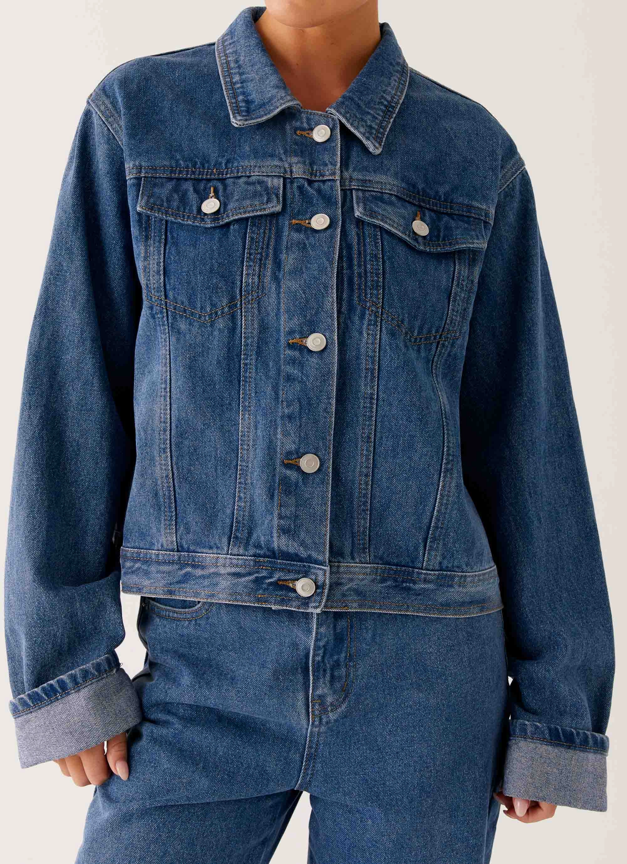 Packable design Heat Tech Fabric Back Again Oversized Denim Jacket - True Blue