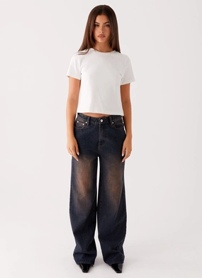 Back Again Straight Leg Denim Jeans - Brown Blue Acid Wash FlexibleKneePanels