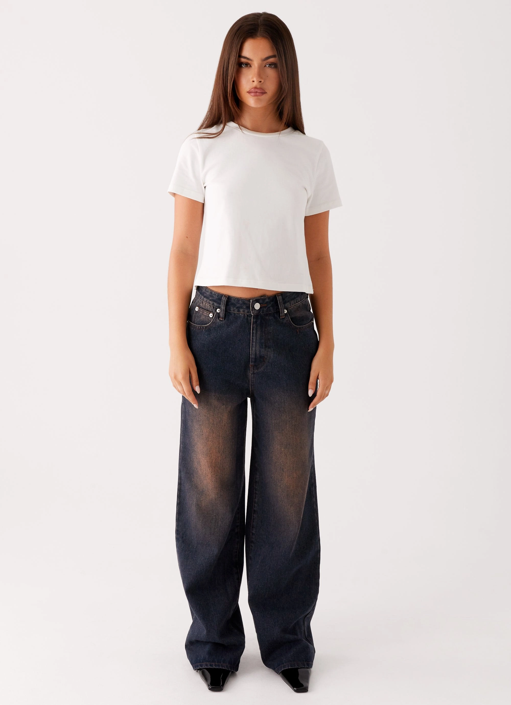 Back Again Straight Leg Denim Jeans - Brown Blue Acid Wash FlexibleKneePanels