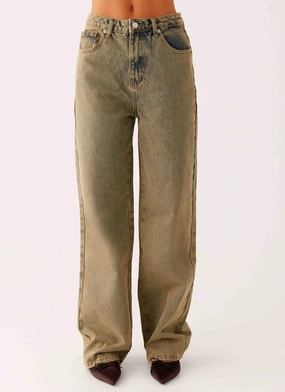 Back Again Straight Leg Denim Jeans - Brown Sand Wash Breathable mesh