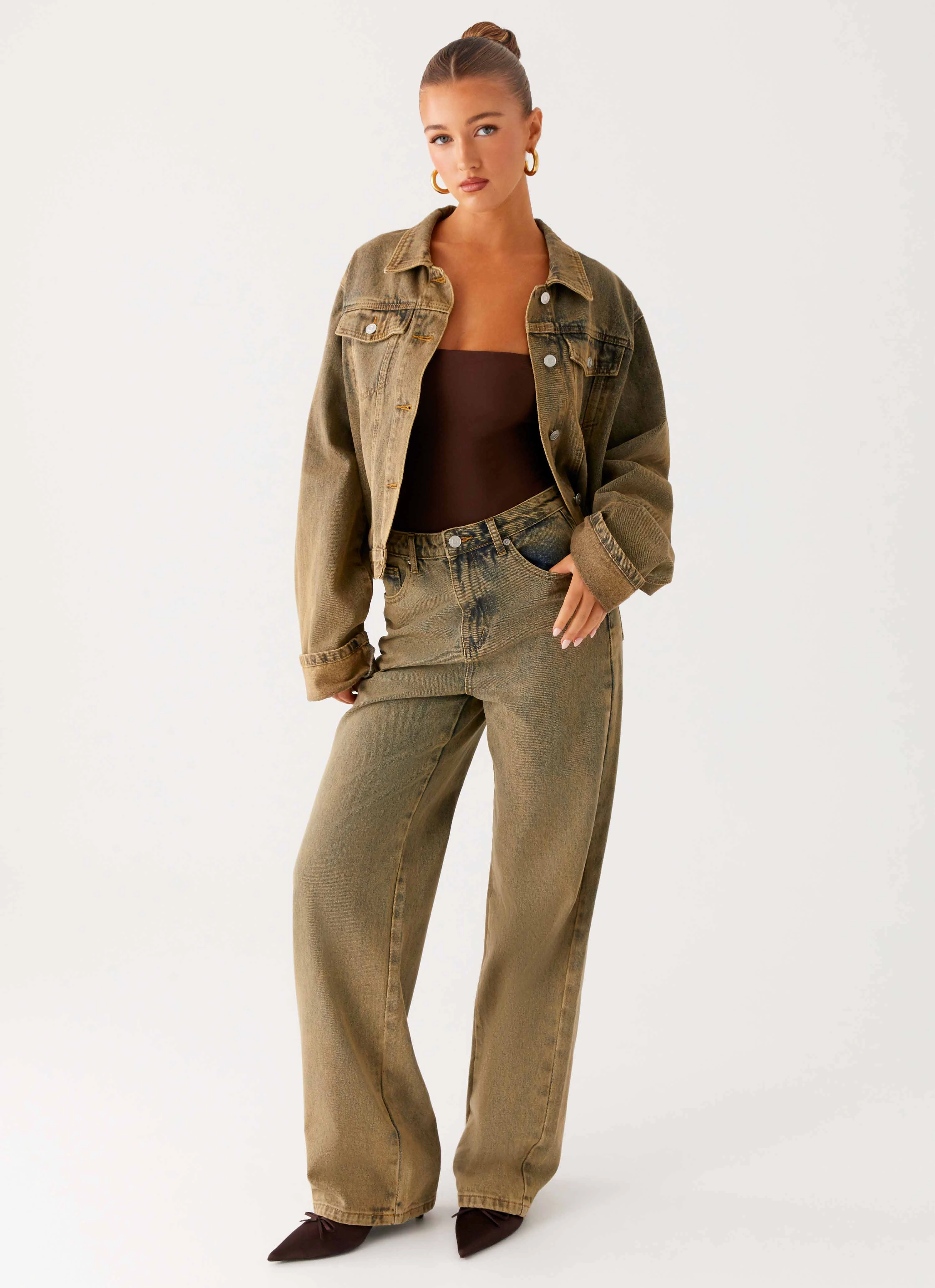Back Again Straight Leg Denim Jeans - Brown Sand Wash Tangle Free Cuffs Cozy Design