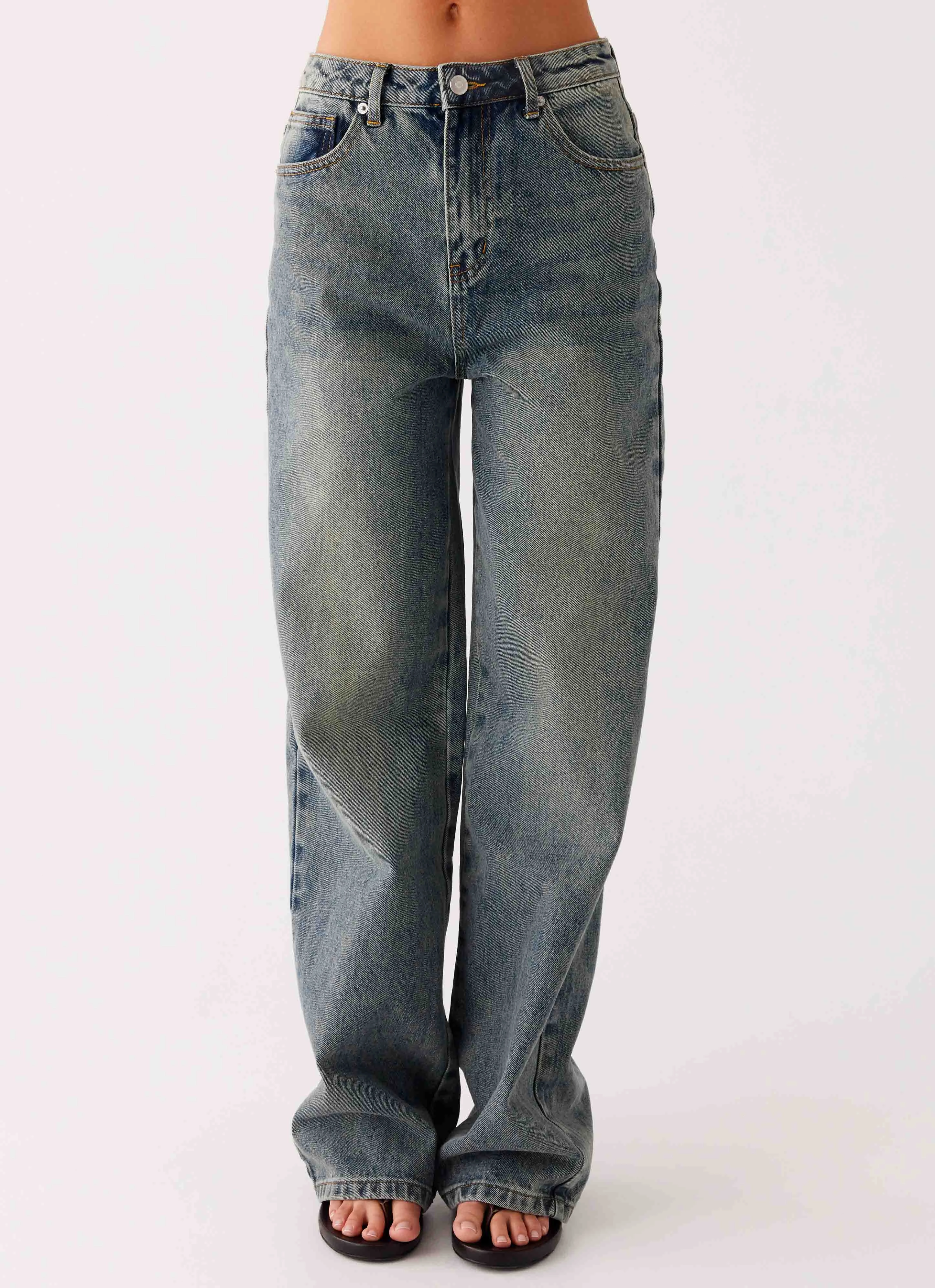 Back Again Straight Leg Denim Jeans - Dirty Wash RipstopFabric