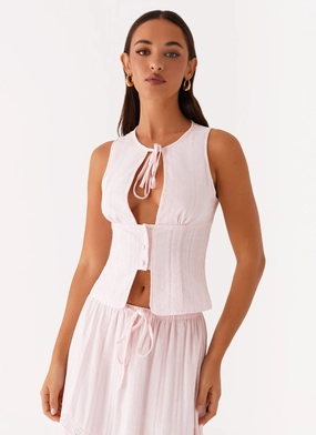 Contrast Stitch Detail Comfortable Cut Bailey Tie Front Top - Blush