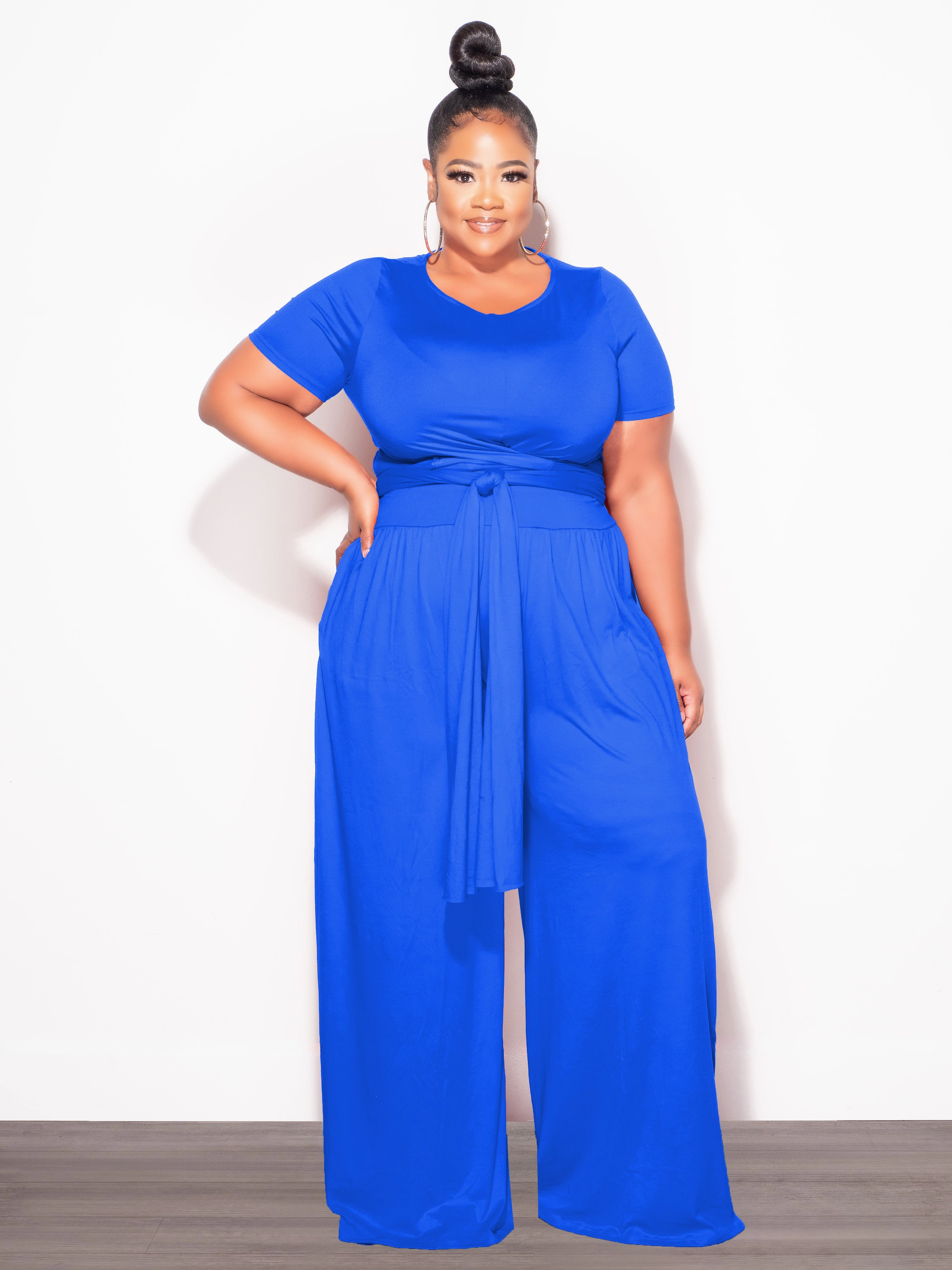 Final Sale Plus Size 2pc Short Sleeve Tie Top and Pants Set in Royal Blue Chic Comfort elastic waistband