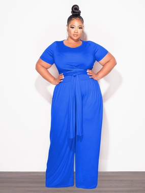 Multi-way wear Final Sale Plus Size 2pc Short Sleeve Tie Top and Pants Set in Royal Blue