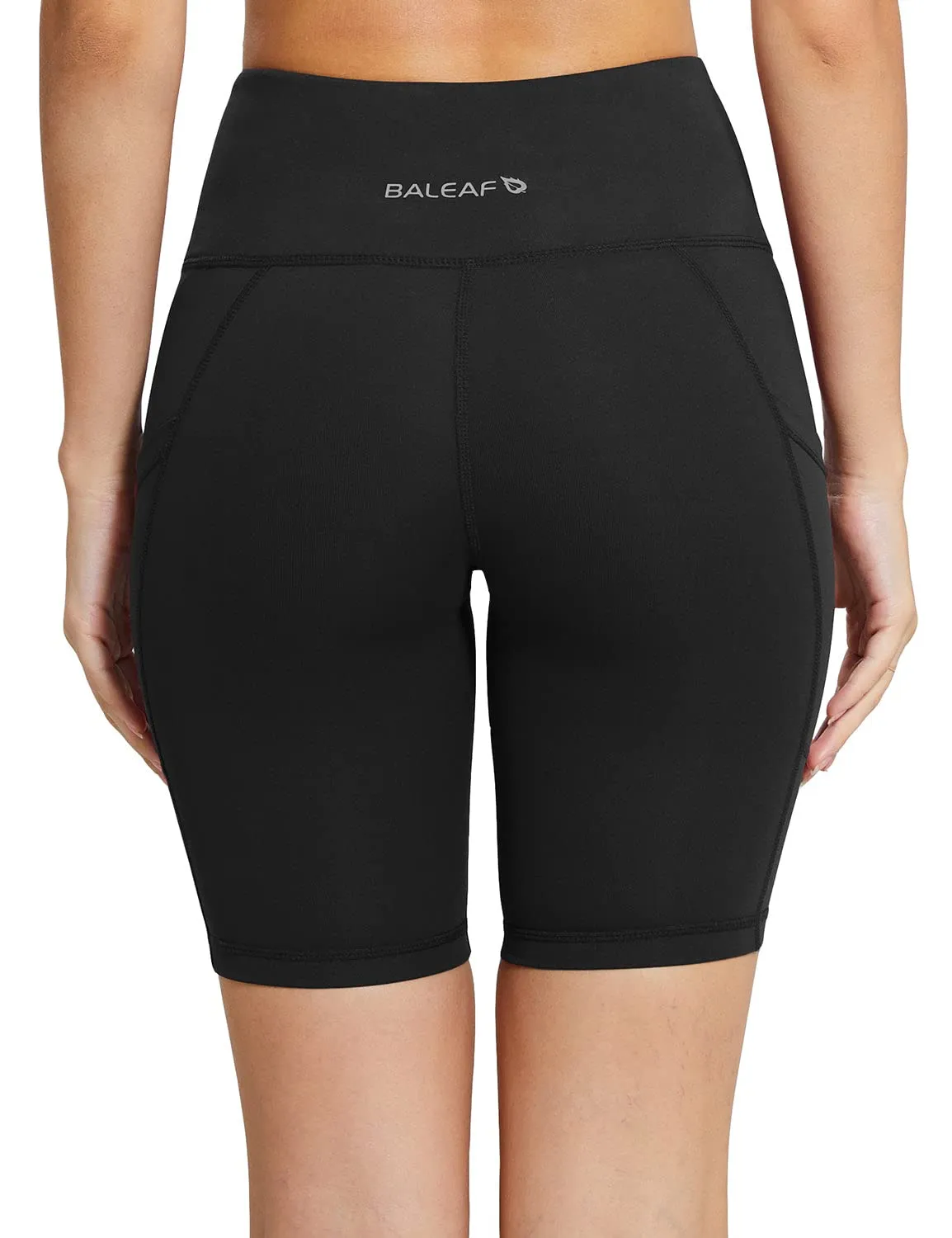 BALEAF Biker Shorts Women Yoga Gym Workout Spandex Running Volleyball Tummy Control Compression Shorts with Pockets 8" Black M