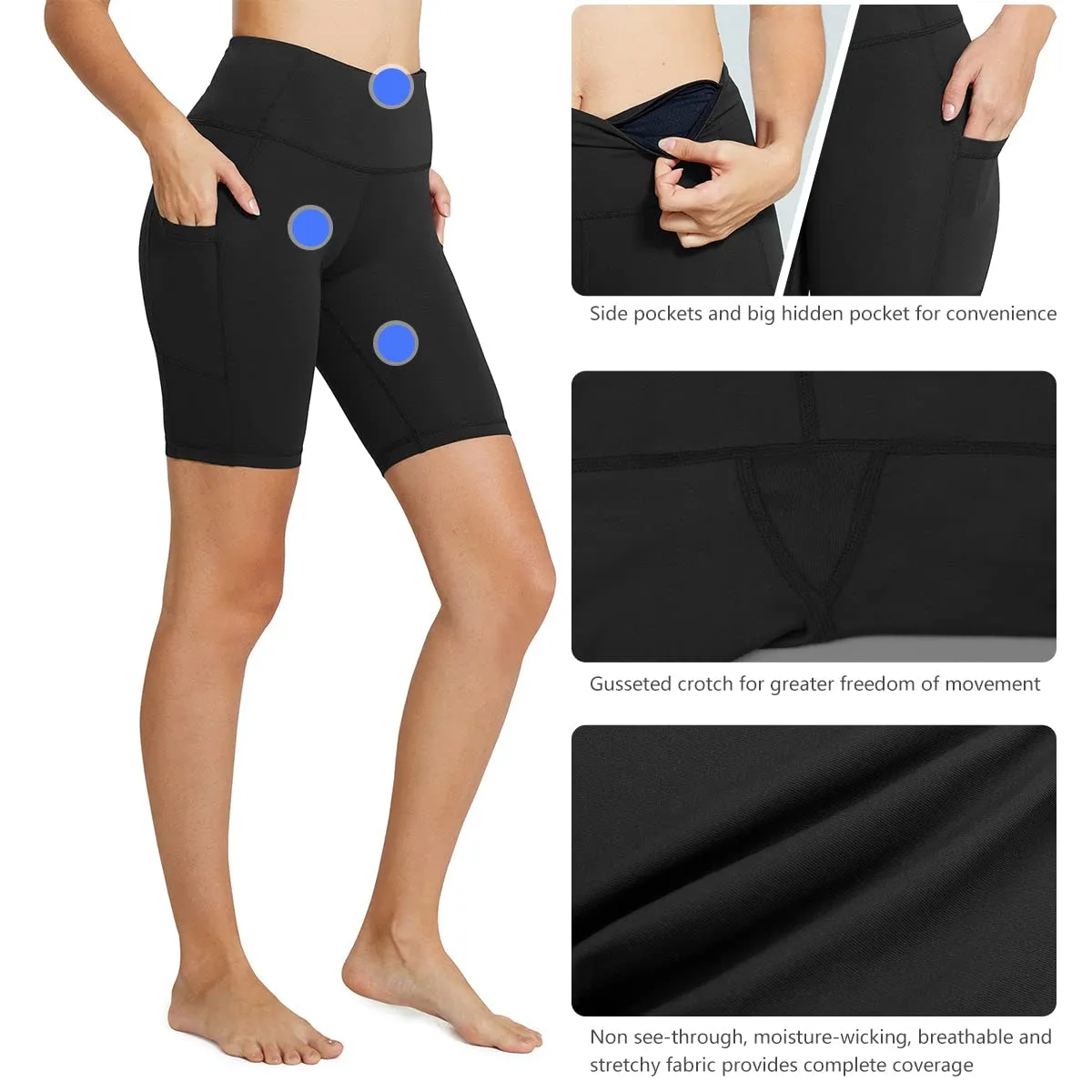 BALEAF Biker Shorts Women Yoga Gym Workout Spandex Running Volleyball Tummy Control Compression Shorts with Pockets 8" Black M