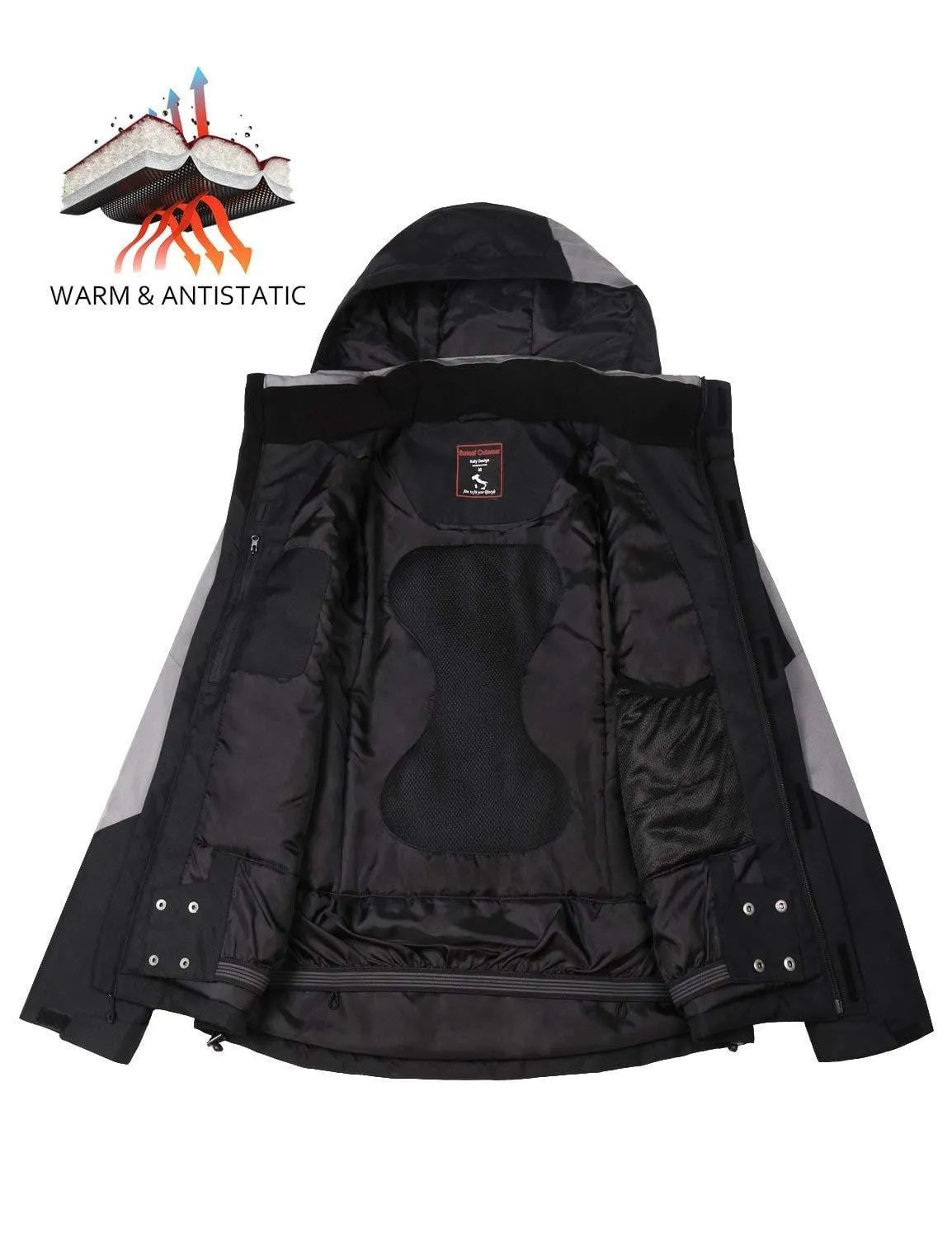 BALEAF Men's Waterproof Ski Jacket Mountain Windproof Winter Snow Coat Rain Jacket Black/Gray M