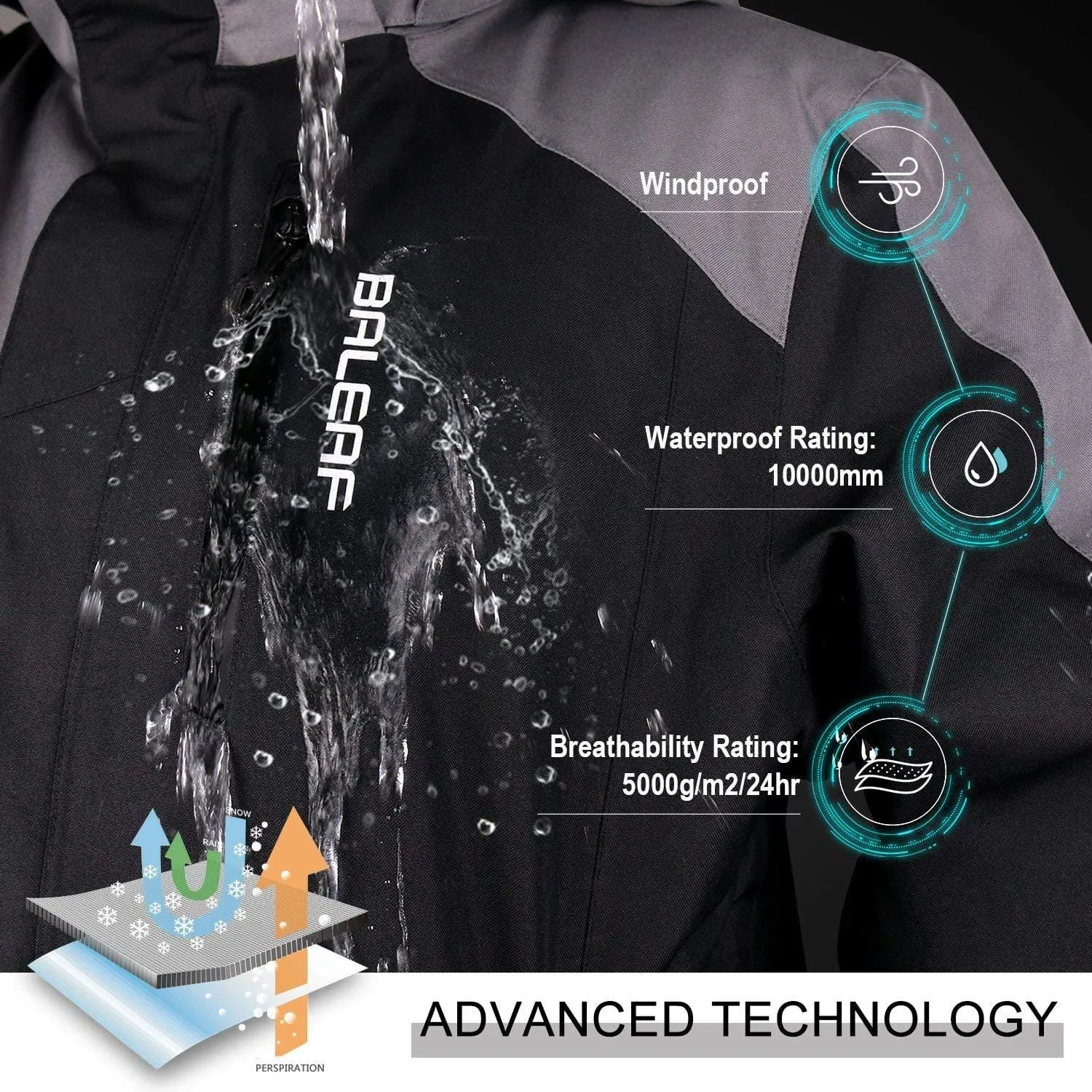 BALEAF Men's Waterproof Ski Jacket Mountain Windproof Winter Snow Coat Rain Jacket Black/Gray M