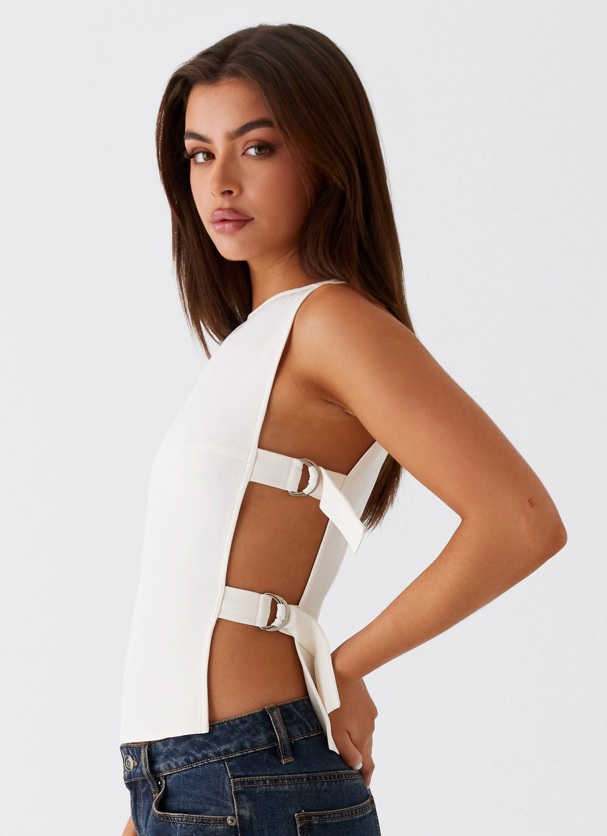 Hidden Zipper Pocket Cherish You Buckle Top - White