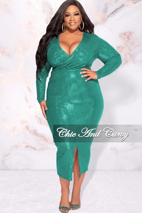 Available Online Only - Final Sale Plus Size Faux Sequin Faux Wrap Bodycon  Dress with Front Slit in Green Ventilated Back Panel AntiPilling Technology