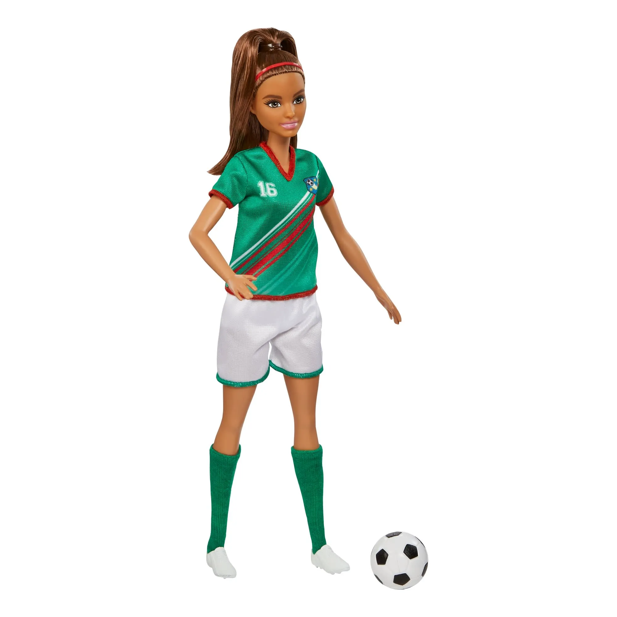 Barbie Soccer Doll, Brunette, #16 Uniform, Soccer Ball, Cleats,  Socks, 3 & Up