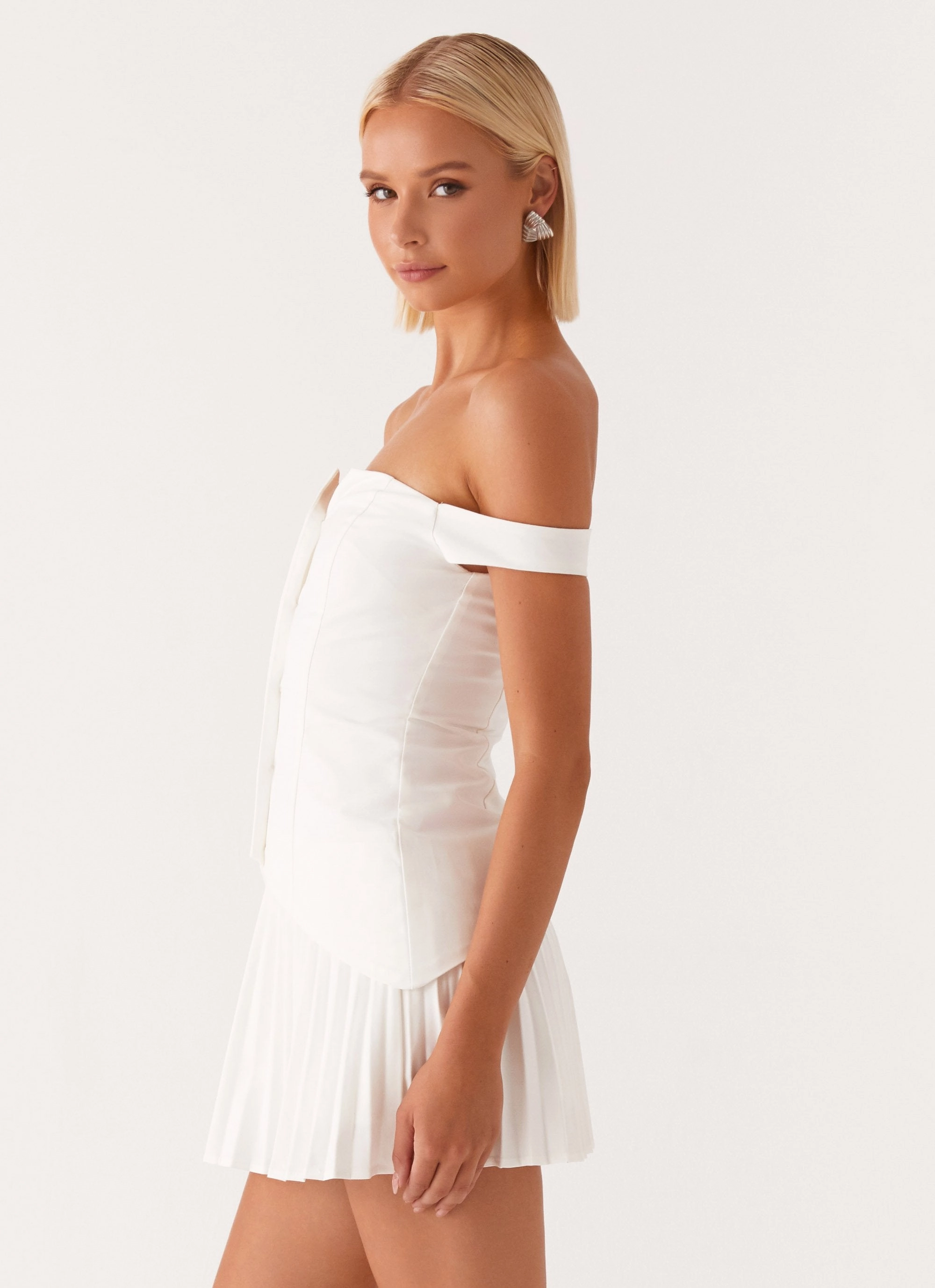 WaterRepellentCoating Twisted Skies Off Shoulder Mini Dress - Off White