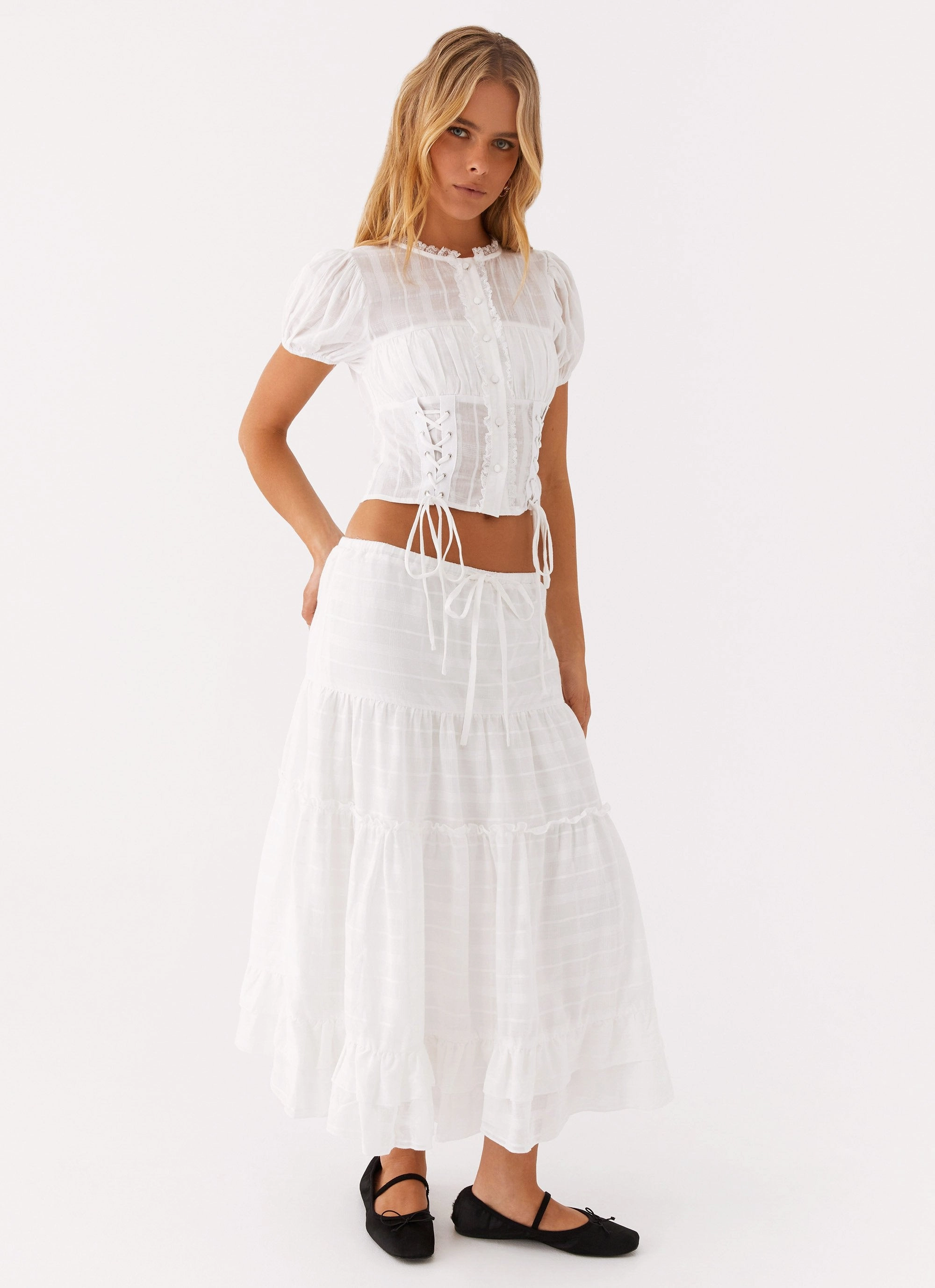 Flat Lock Stitching Easy Stretch Beatrix Frill Midi Skirt - White