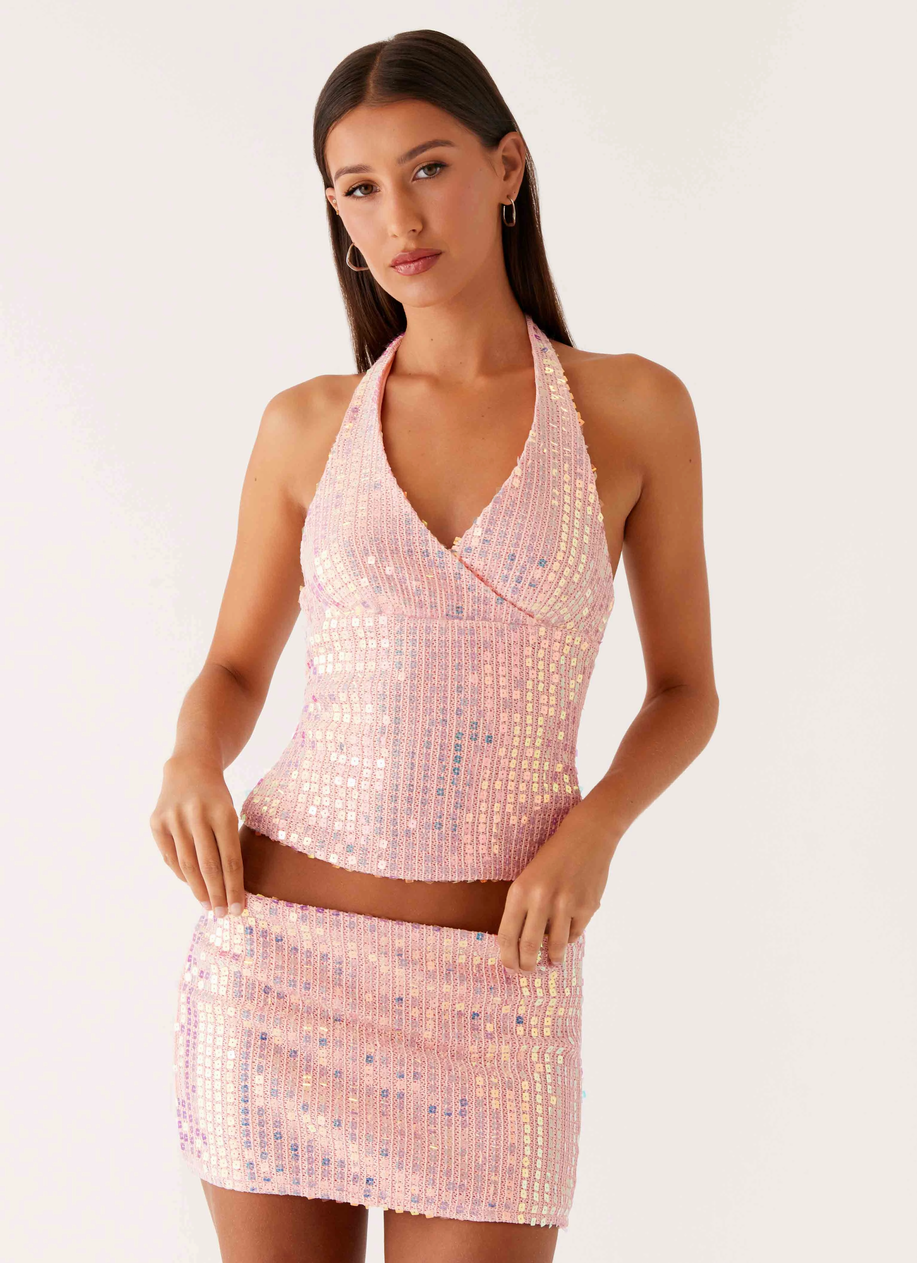 Been That Girl Knit Sequin Mini Skirt - Iridescent Pink Flexible Layer Fit Bi Stretch Fabric