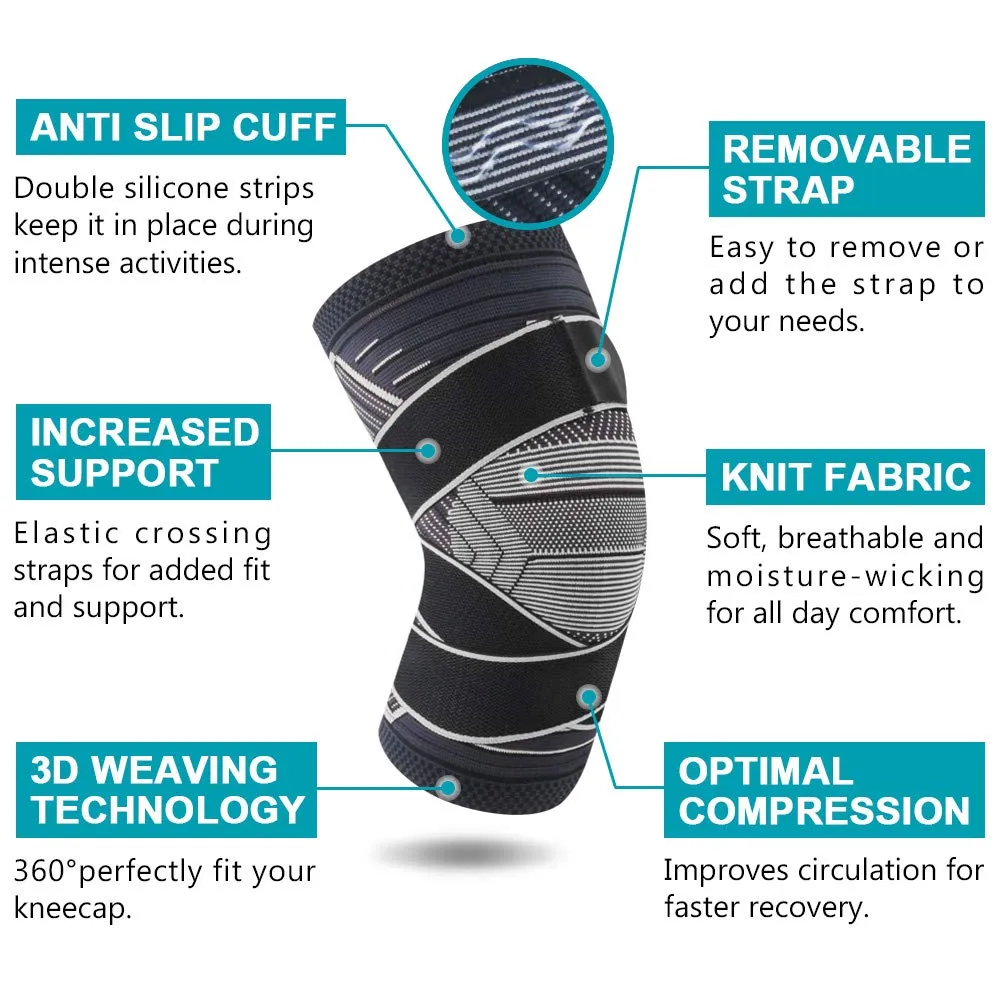 Beister 1 Pair Knee Compression Sleeves with Adjustable Straps for Men & Women, Professional Knee Support Brace for Meniscus Tear, Arthritis, Sports Joint Pain Relief, Running, Basketball Style 2-Black Large (2 Count)