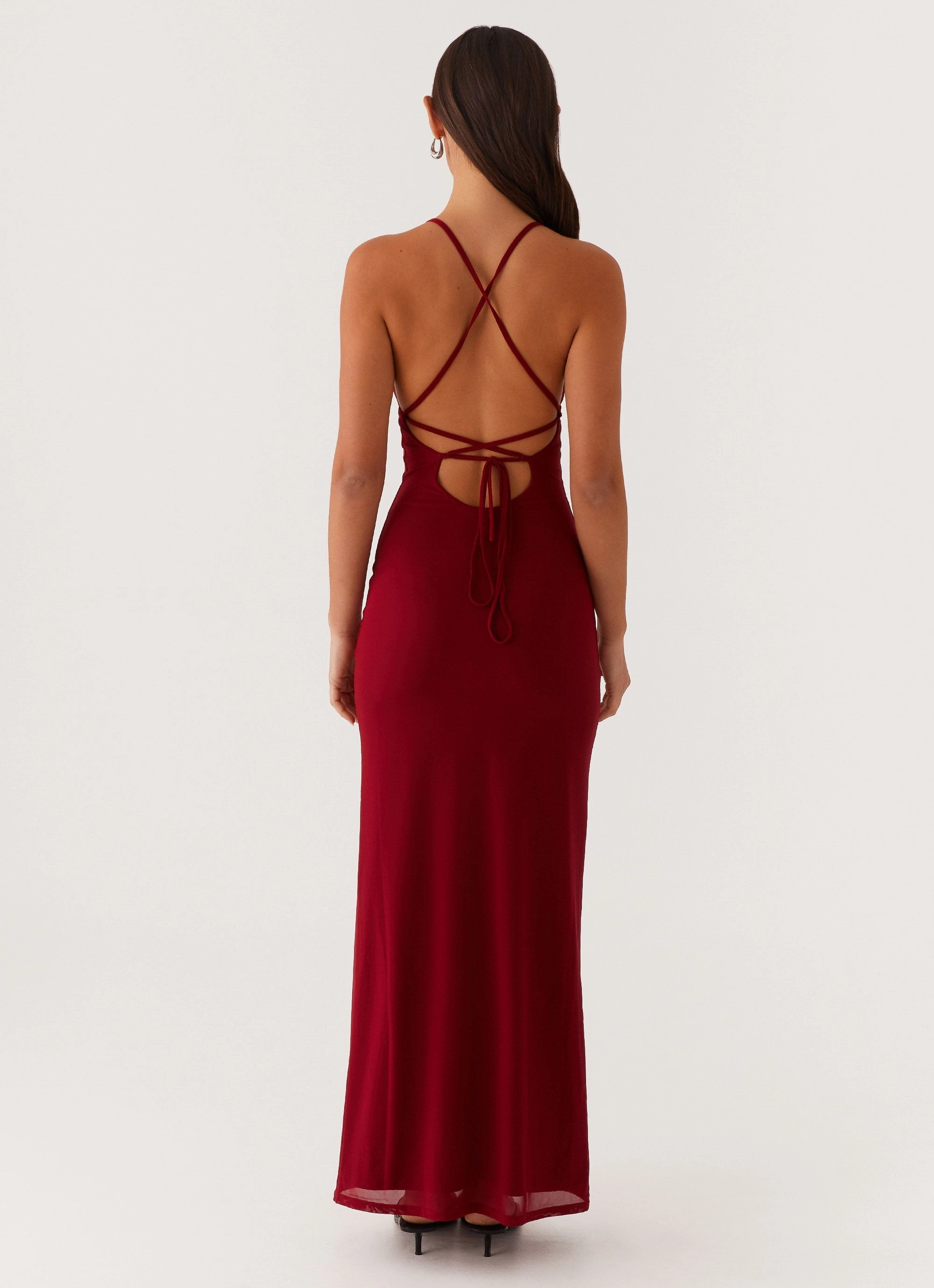 Minimalist Fit Draped Silhouette Beki Beaded Mesh Maxi Dress - Deep Red