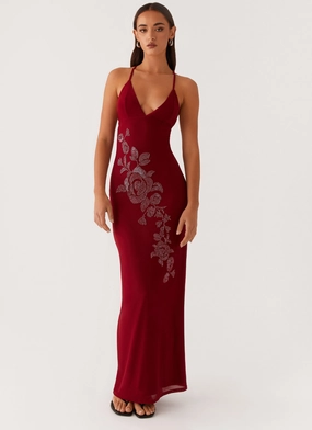 Beki Beaded Mesh Maxi Dress - Deep Red classic waist