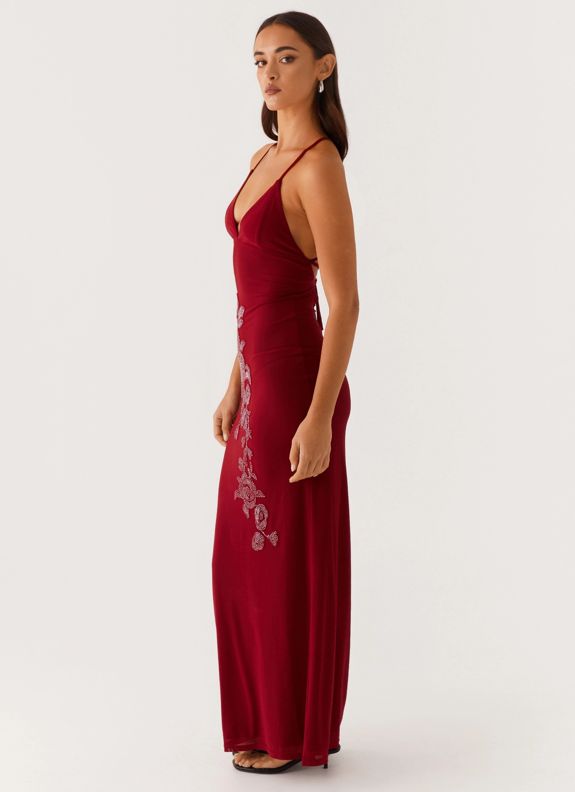 Street Style Summer Ready Beki Beaded Mesh Maxi Dress - Deep Red