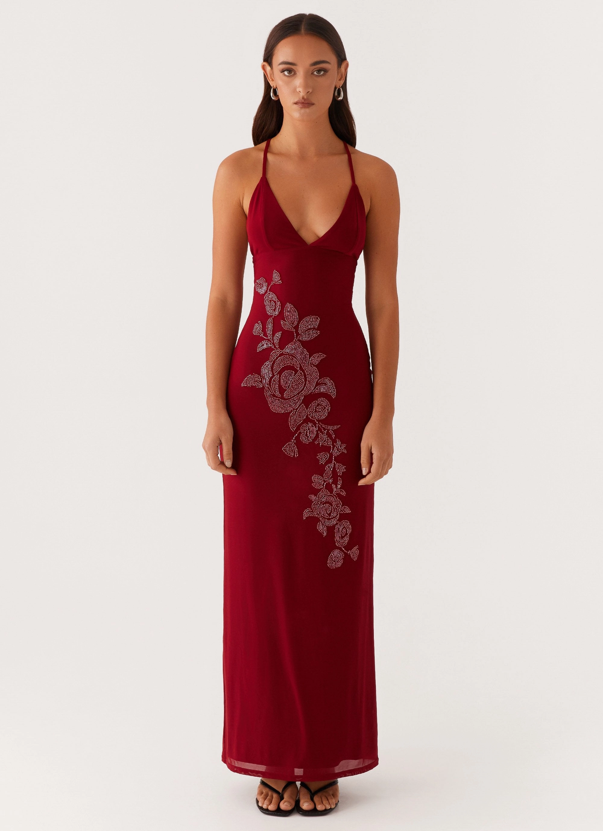 Beki Beaded Mesh Maxi Dress - Deep Red Stylish Fit Comfy Comfort