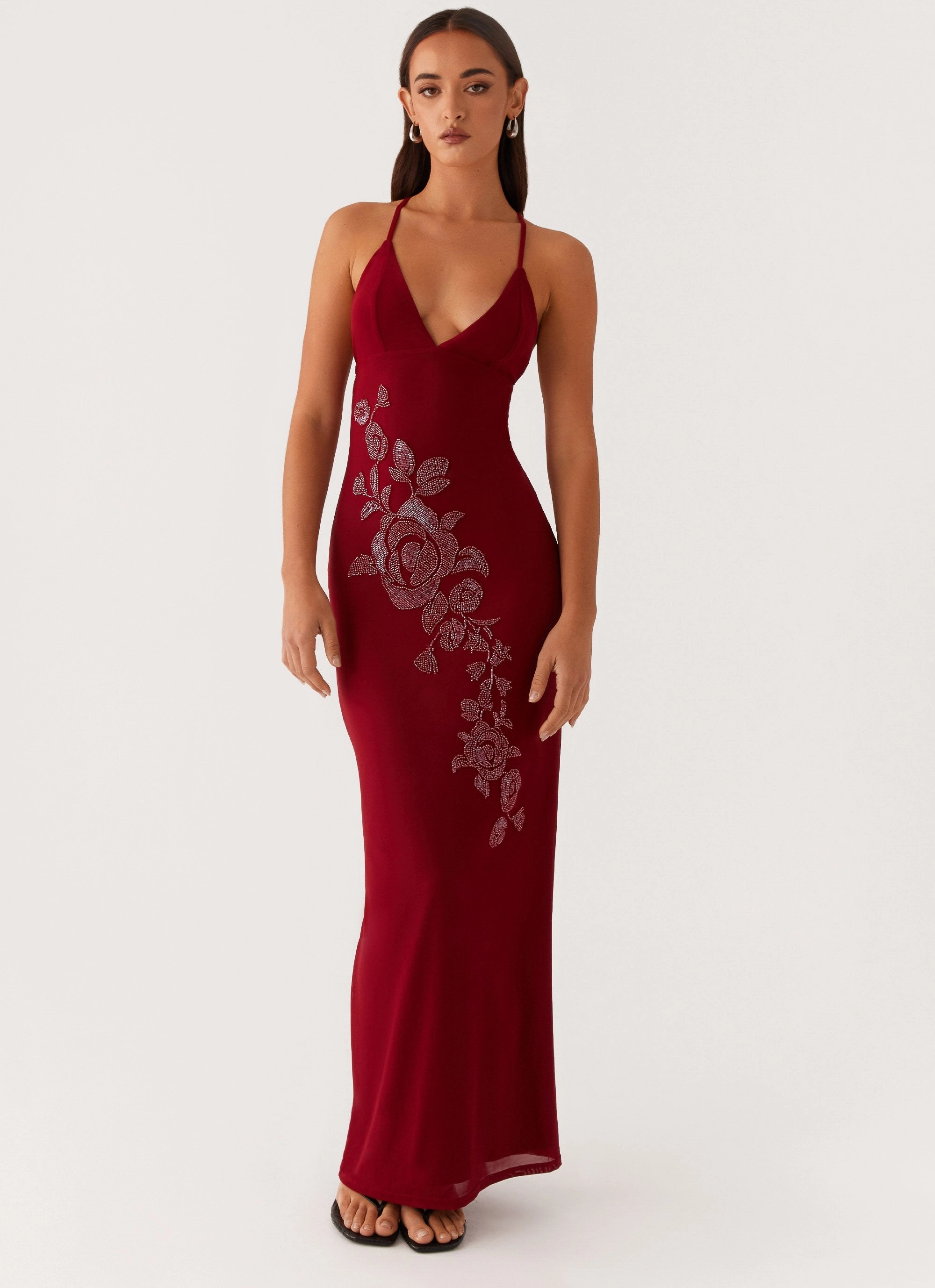 Beki Beaded Mesh Maxi Dress - Deep Red classic waist