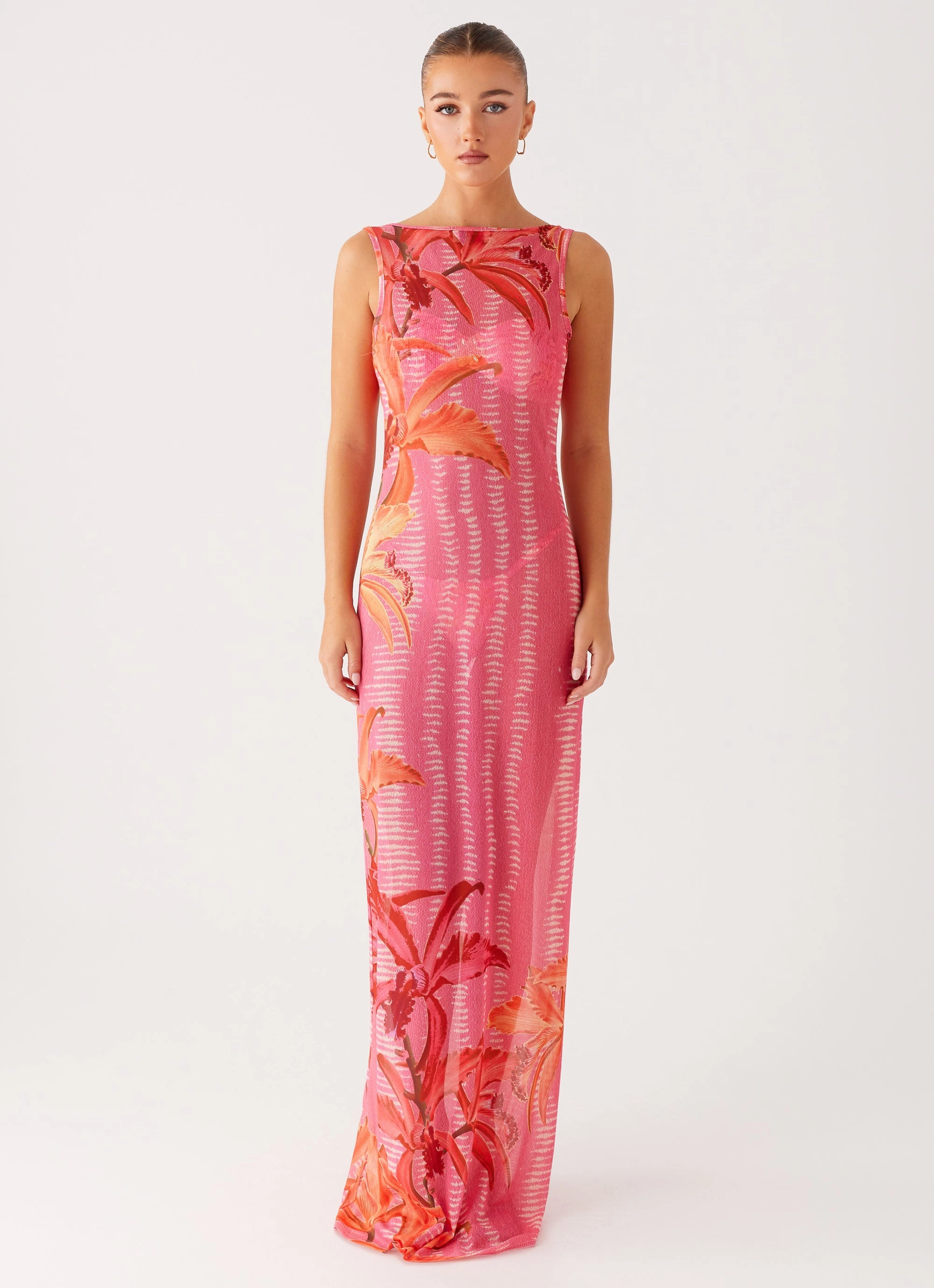 Sorella Maxi Dress - Tropical Pink Print Soft Draping Crisp Texture