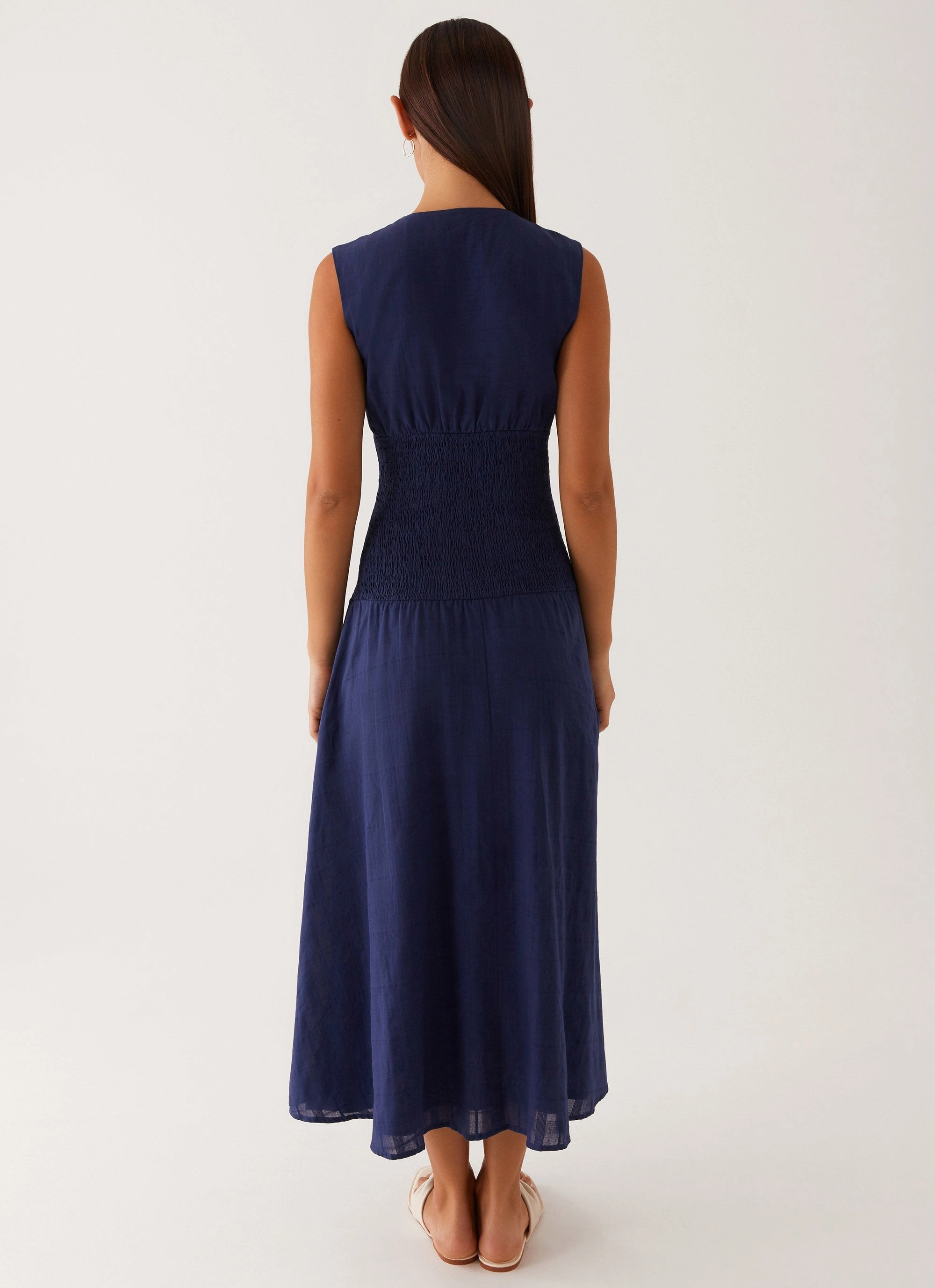 Belle Shirred Waist Midi Dress - Navy Soft and Stylish