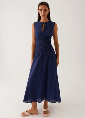 Trend Focused Work or Play Belle Shirred Waist Midi Dress - Navy
