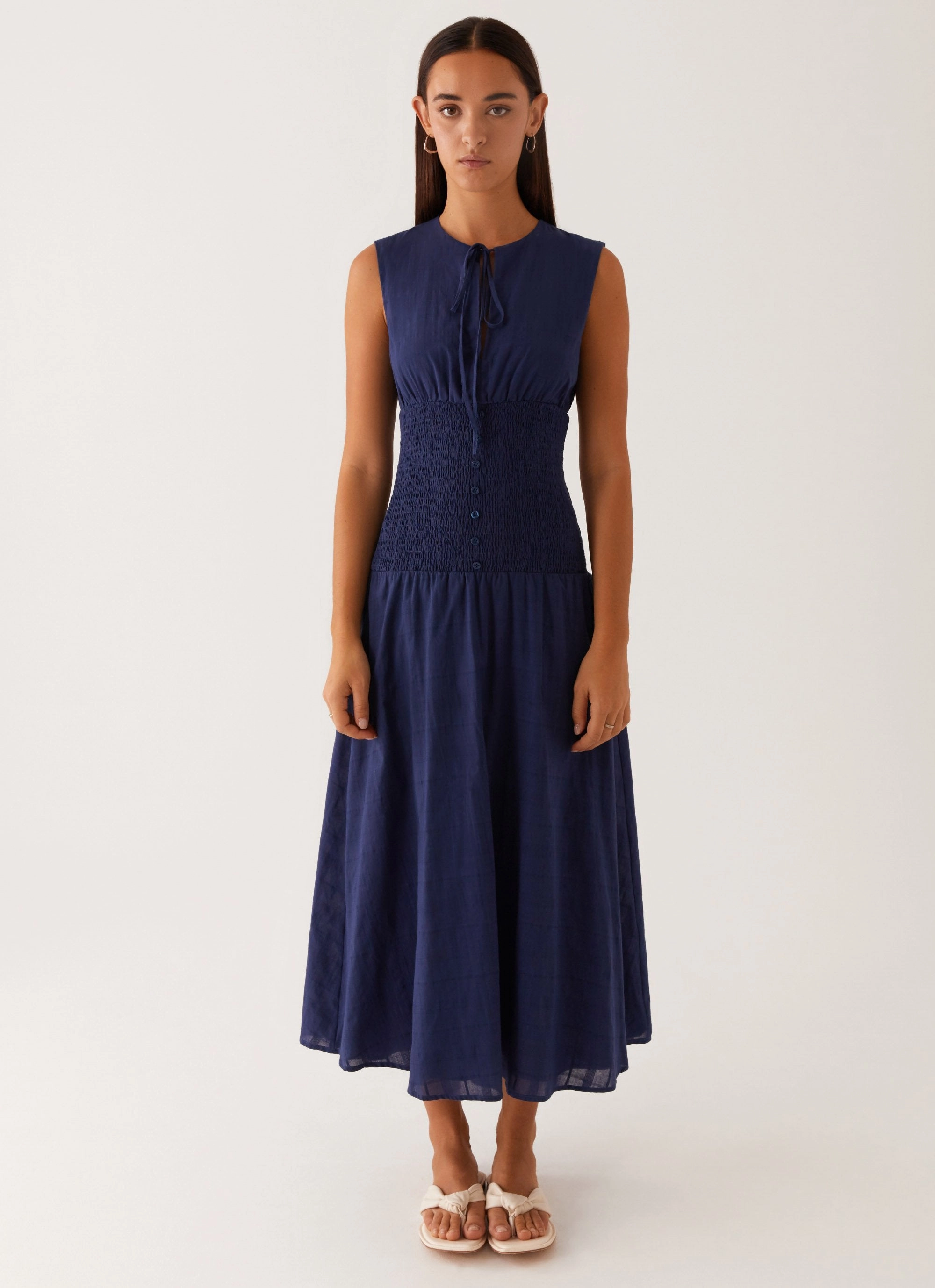 Belle Shirred Waist Midi Dress - Navy Gentle Fit Quick Look