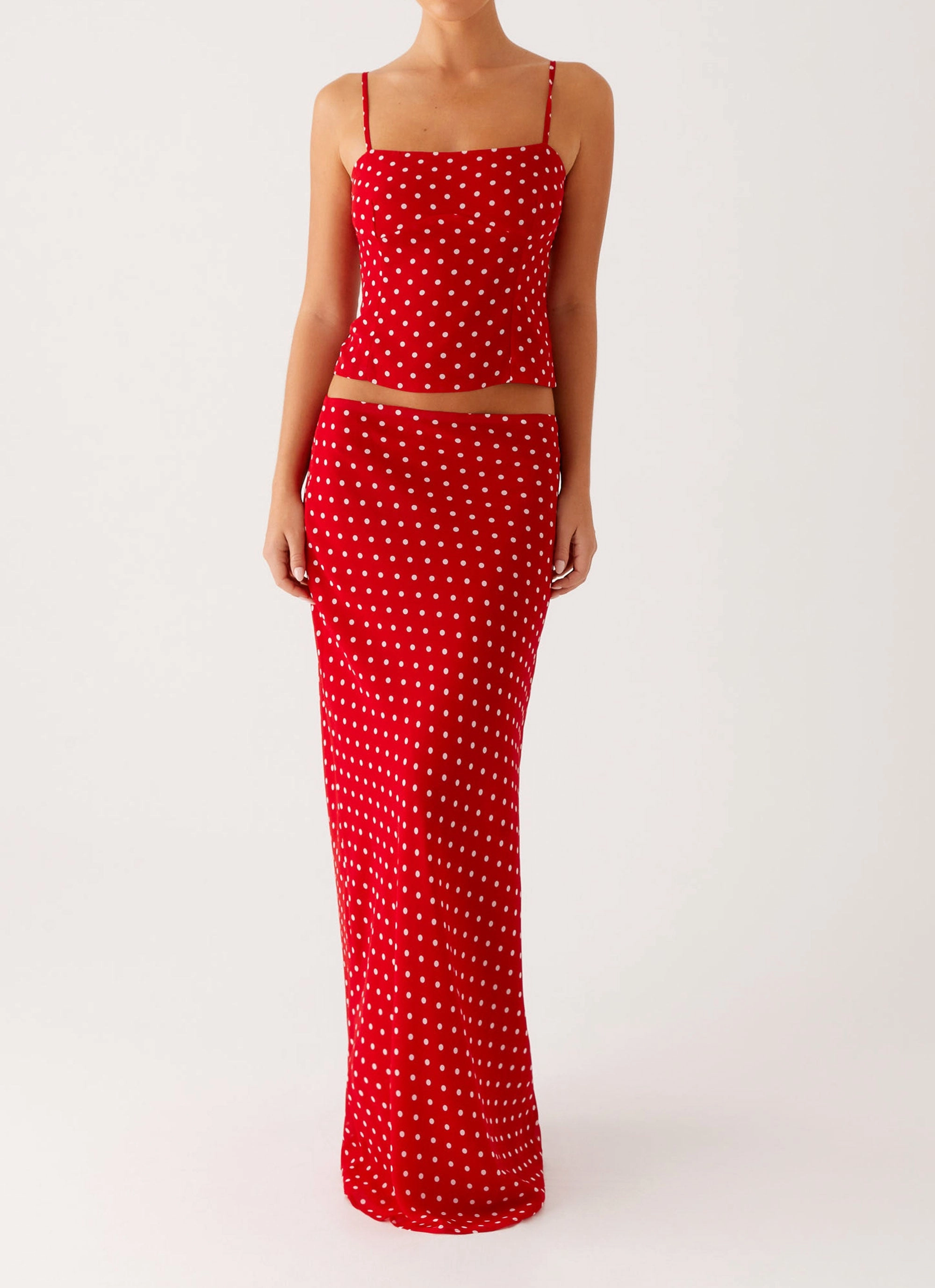 Snug Waist Soft Structure Bendita Maxi Skirt - Red Polka Dot