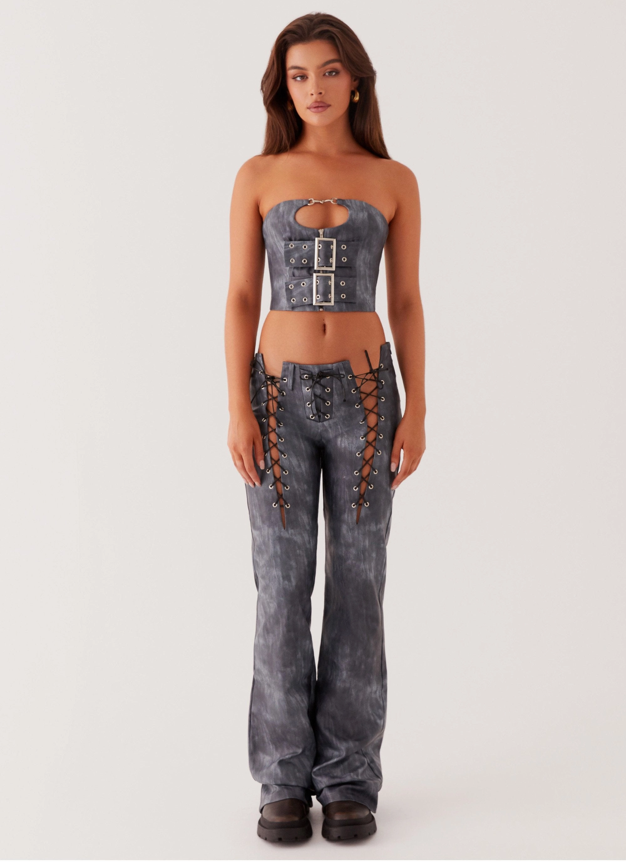 High Stretch Fit Better When I'm Dancing Lace Up Pants - Graphite