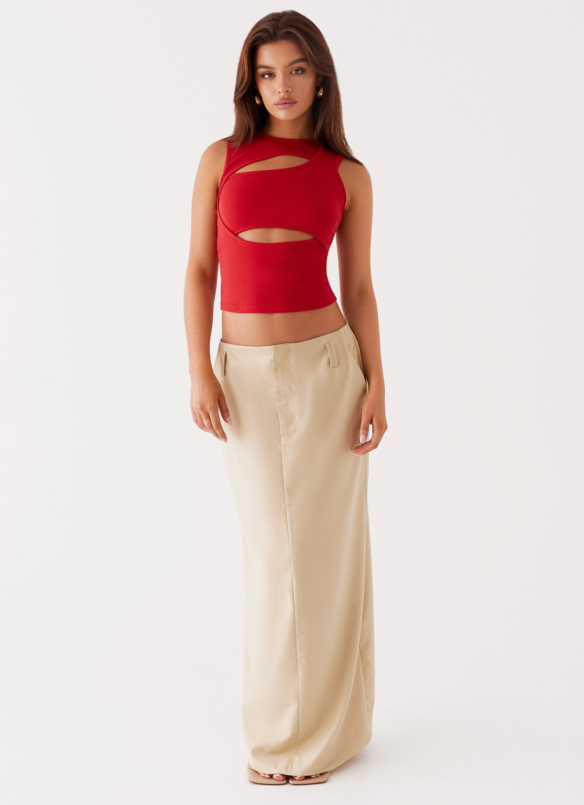 Beyond Cut Out Mesh Top - Red Formal top Friction Resistant Shoulder