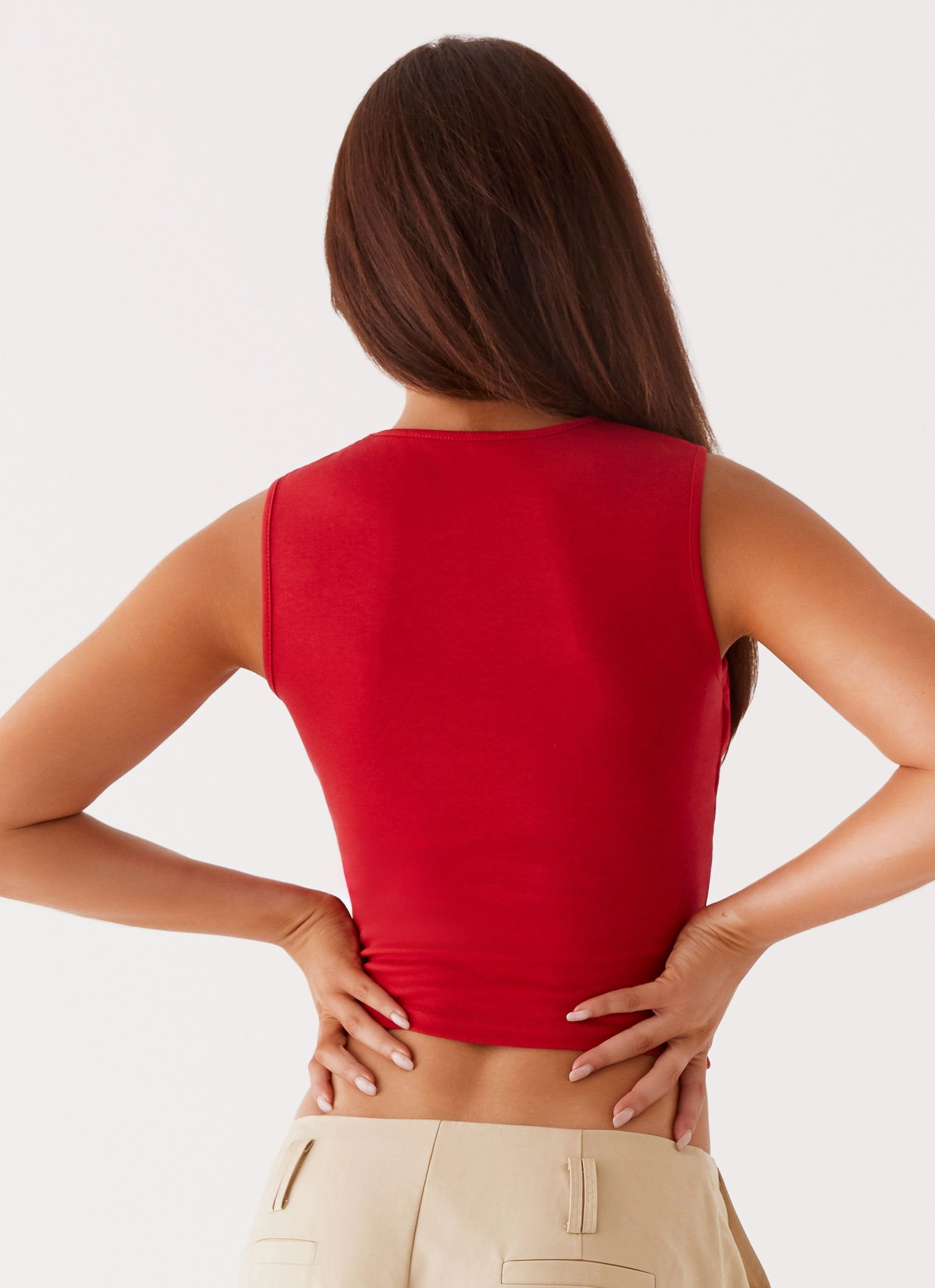 Beyond Cut Out Mesh Top - Red TwillWeave