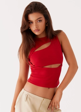 Office Look Sheer Overlay Material Beyond Cut Out Mesh Top - Red