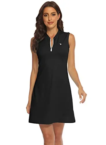 BGOWATU Women's Tennis Dress Sleeveless Golf Polo Dress Lightweight Sports Activewear Dress Zip Up Black S