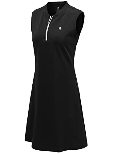 BGOWATU Women's Tennis Dress Sleeveless Golf Polo Dress Lightweight Sports Activewear Dress Zip Up Black S