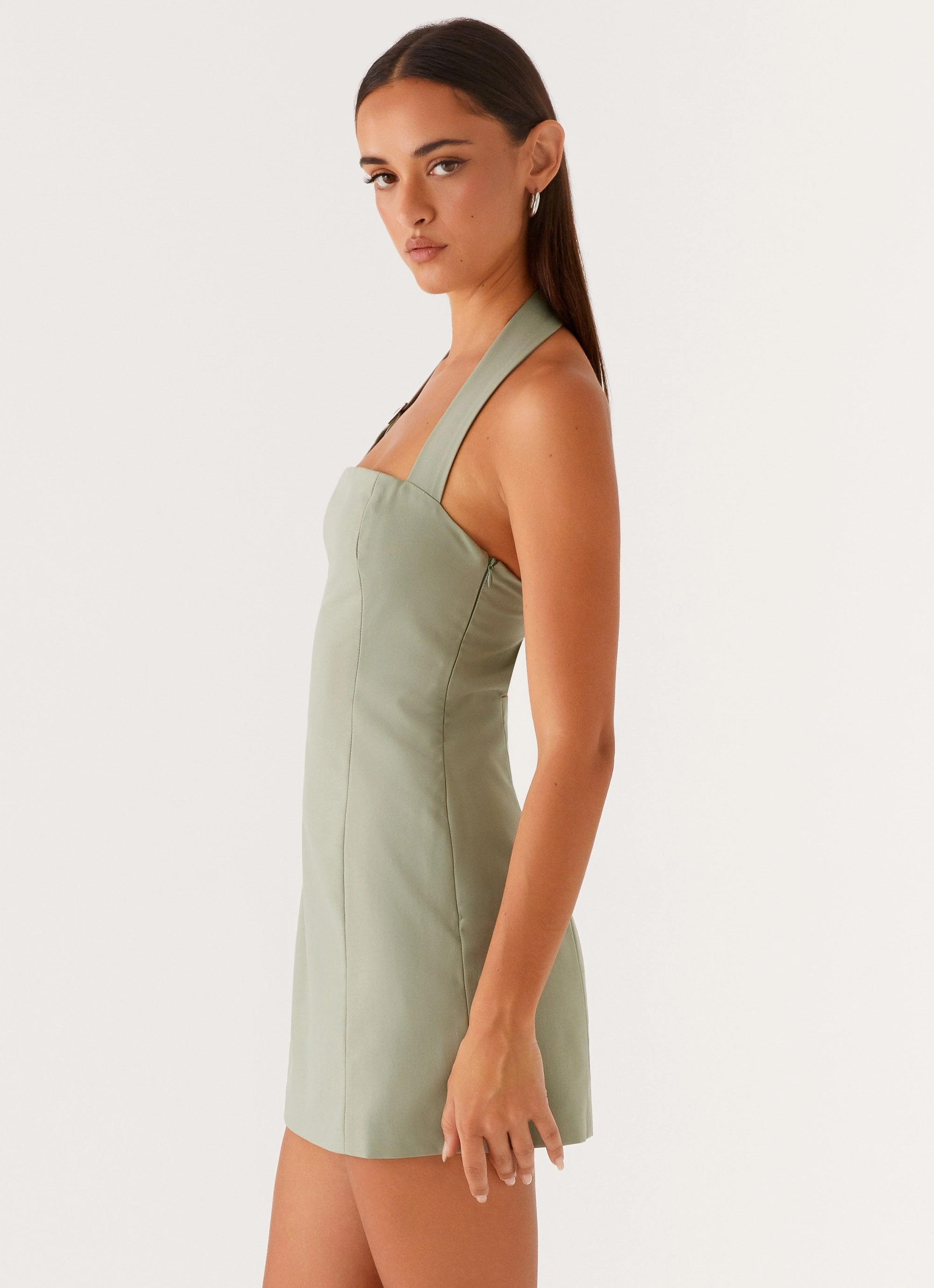 Bianca Halter Dress - Sage Smart Texture Chic Waistband Design