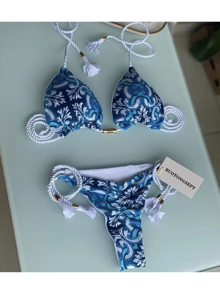 Bikini Set with Braided Low-rise Bottoms and Printed Soft Cups Swimwear